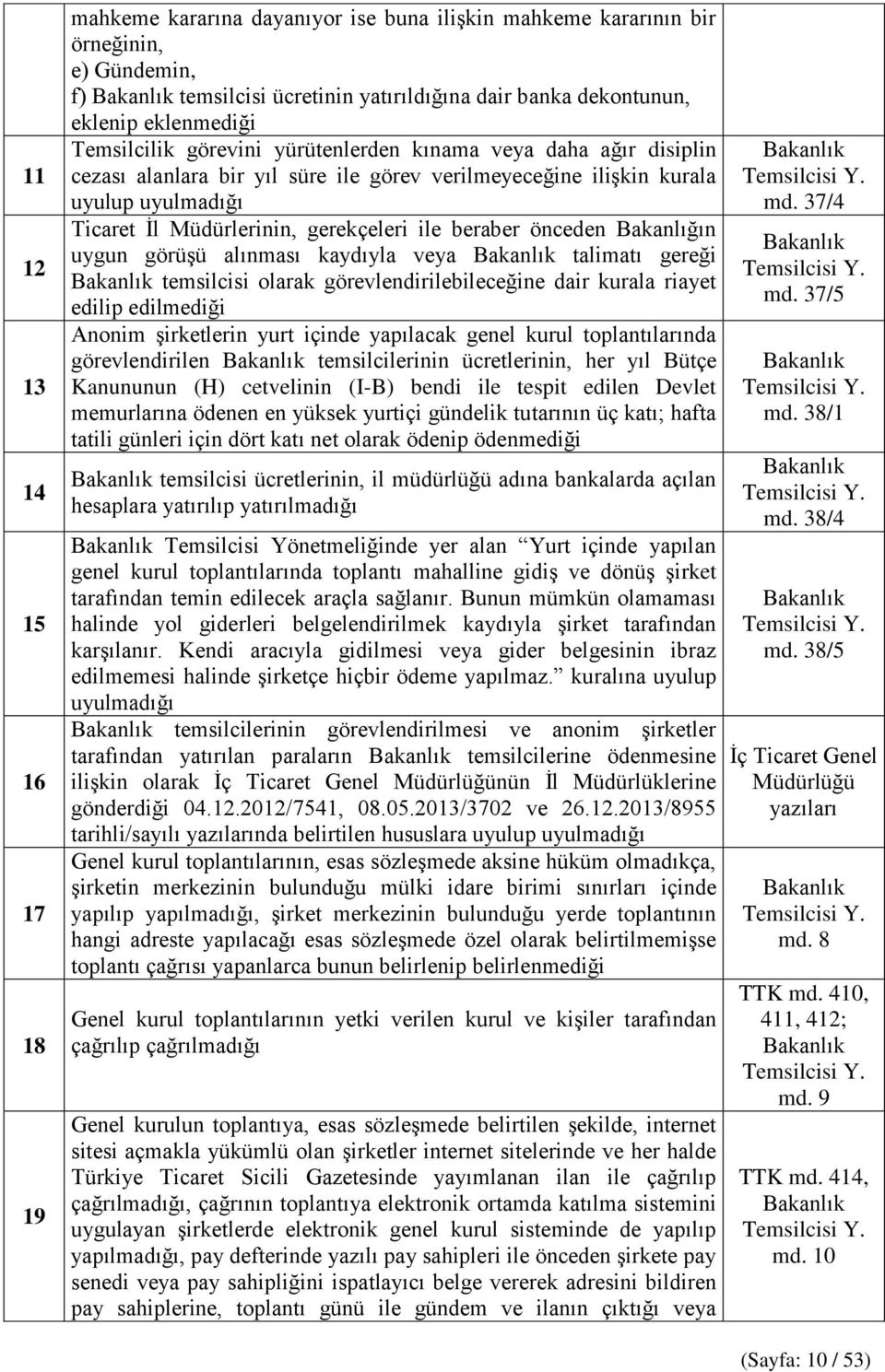 beraber önceden Bakanlığın uygun görüşü alınması kaydıyla veya talimatı gereği temsilcisi olarak görevlendirilebileceğine dair kurala riayet edilip edilmediği Anonim şirketlerin yurt içinde yapılacak