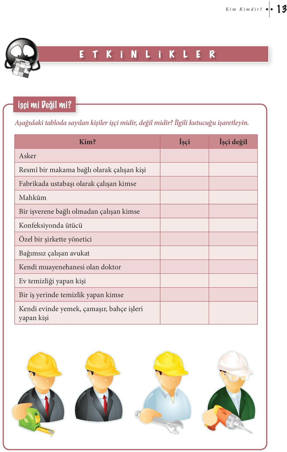 İşçi İşçi değil Resmî bir makama bağlı olarak çalışan kişi Fabrikada ustabaşı olarak çalışan kimse Mahkûm Bir işverene bağlı