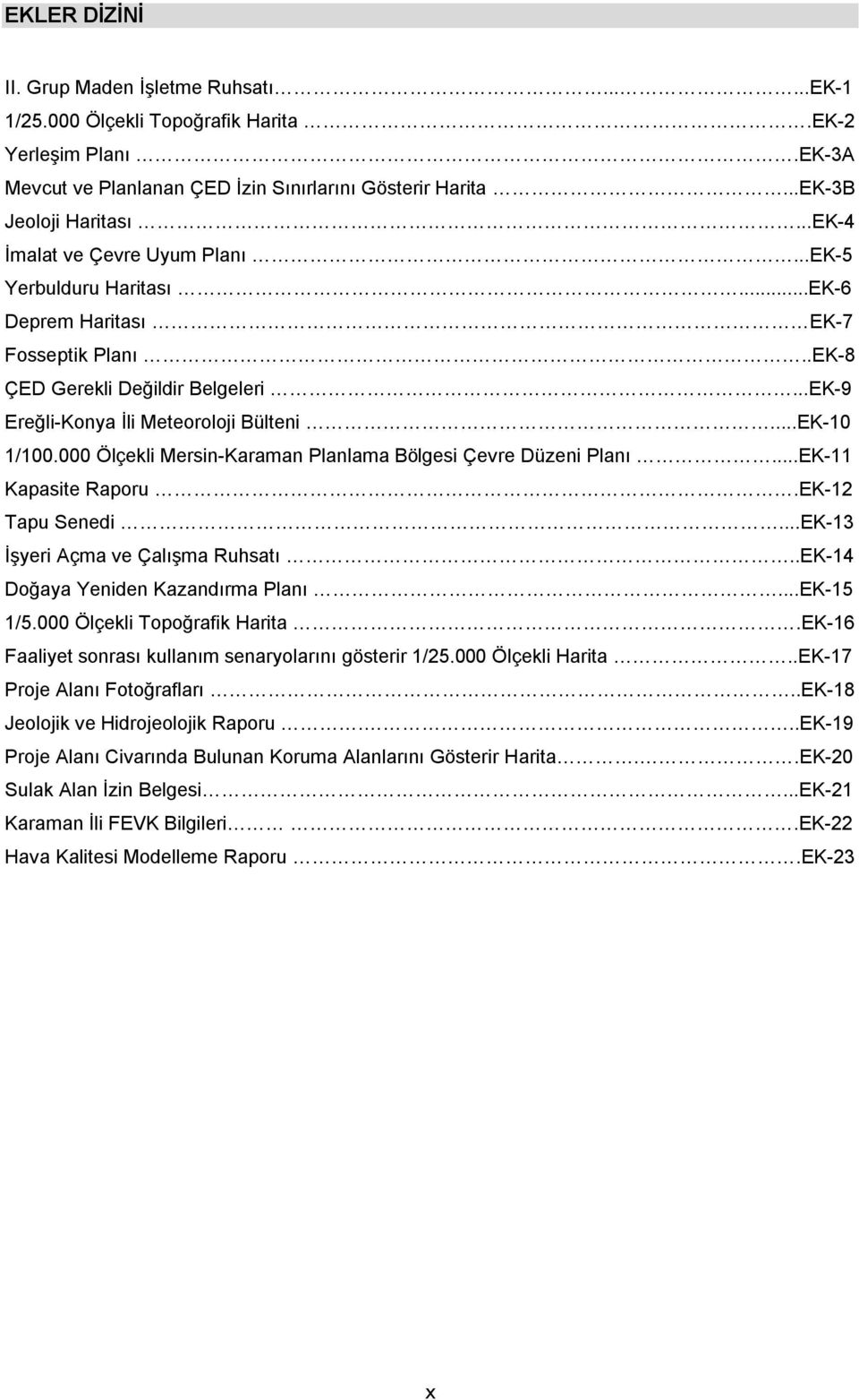 000 Ölçekli Mersin-Karaman Planlama Bölgesi Çevre Düzeni Planı...EK-11 Kapasite Raporu.EK-1β Tapu Senedi...EK-1γ İşyeri Açma ve Çalışma Ruhsatı..EK-14 Doğaya Yeniden Kazandırma Planı...EK-15 1/5.
