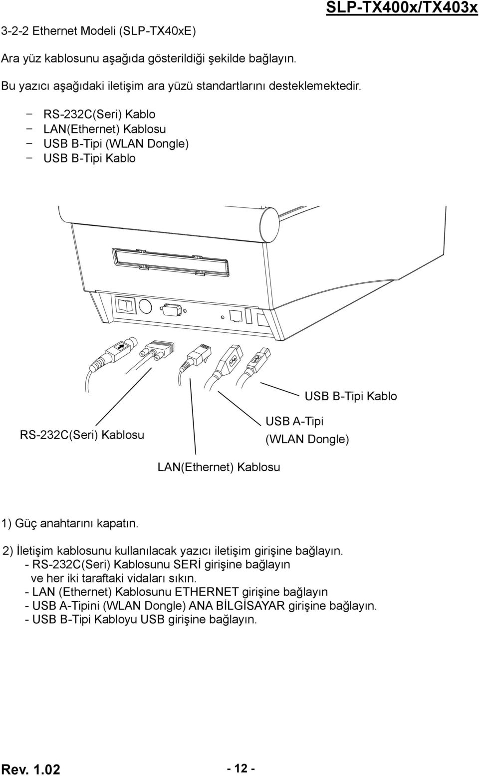 Kablosu 1) Güç anahtarını kapatın. 2) İletişim kablosunu kullanılacak yazıcı iletişim girişine bağlayın.