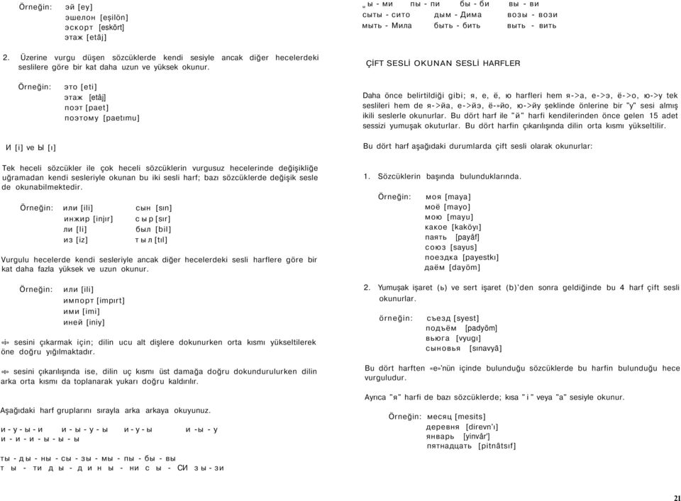 ÇİFT SESLİ OKUNAN SESLİ HARFLER Örneğin: И [i] ve Ы [ı] это [eti] этаж [etâj] поэт [paet] поэтому [paetımu] Daha önce belirtildiği gibi; я, e, ё, ю harfleri hem я->а, е->э, ё->о, ю->у tek seslileri