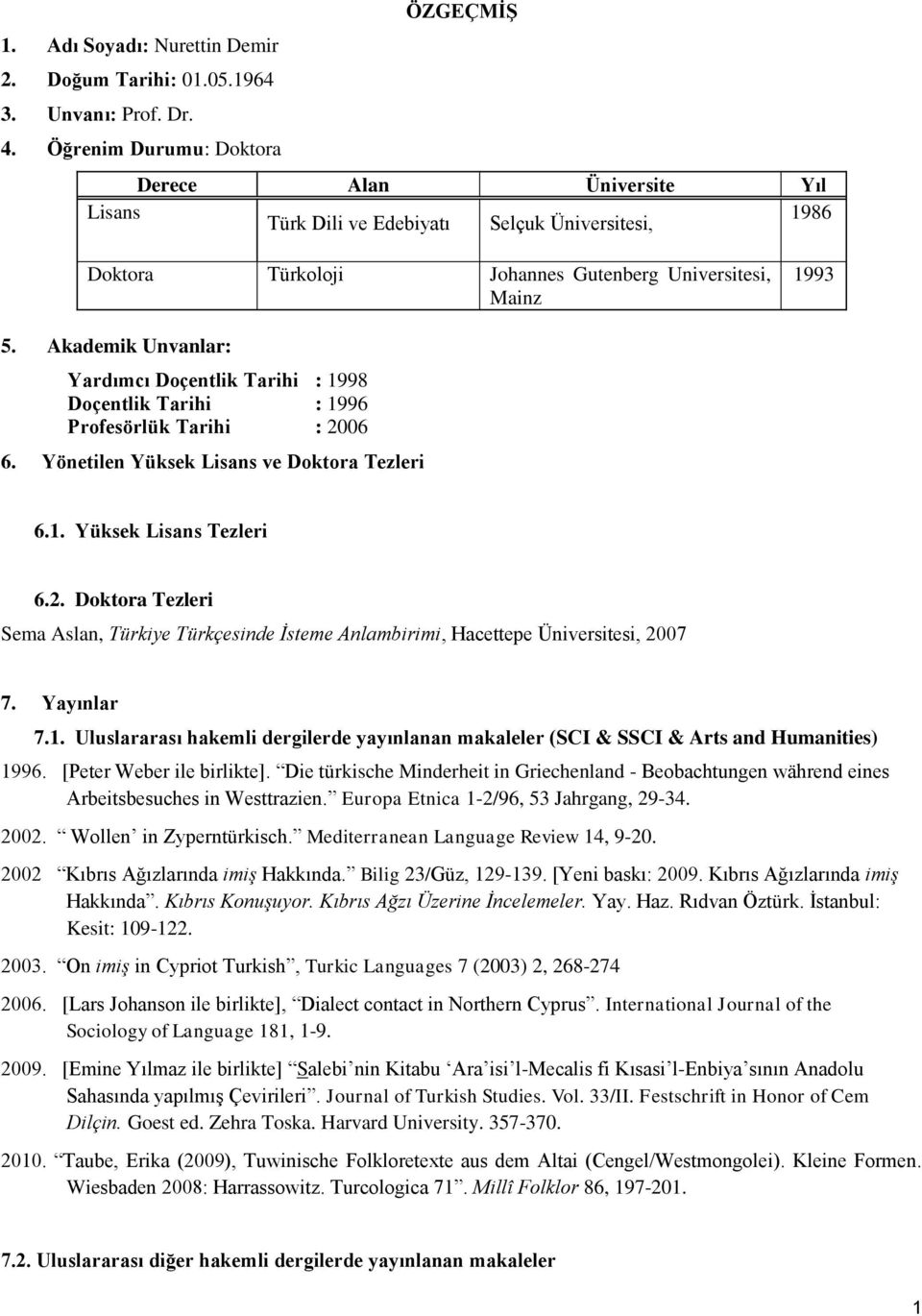 Akademik Unvanlar: Yardımcı Doçentlik Tarihi : 1998 Doçentlik Tarihi : 1996 Profesörlük Tarihi : 2006 6. Yönetilen Yüksek Lisans ve Doktora Tezleri 6.1. Yüksek Lisans Tezleri 6.2. Doktora Tezleri Sema Aslan, Türkiye Türkçesinde İsteme Anlambirimi, Hacettepe Üniversitesi, 2007 7.