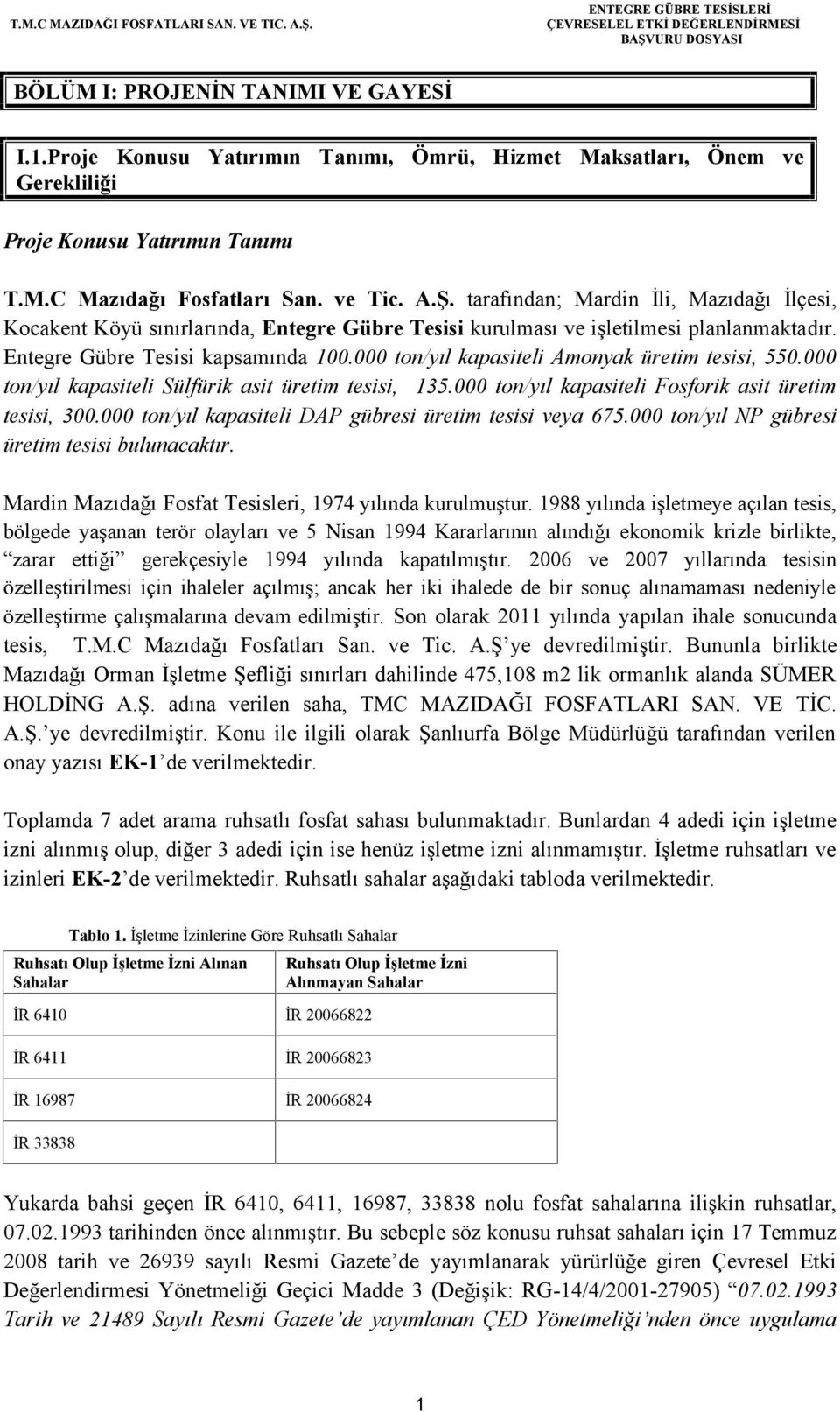 000 ton/yıl kapasiteli Amonyak üretim tesisi, 550.000 ton/yıl kapasiteli Sülfürik asit üretim tesisi, 135.000 ton/yıl kapasiteli Fosforik asit üretim tesisi, 300.