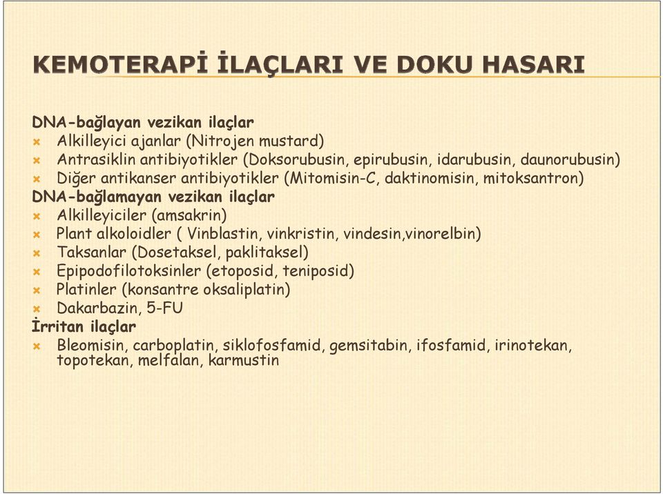 ( Vinblastin, vinkristin, vindesin,vinorelbin) Taksanlar (Dosetaksel, paklitaksel) Epipodofilotoksinler (etoposid, teniposid) Platinler (konsantre