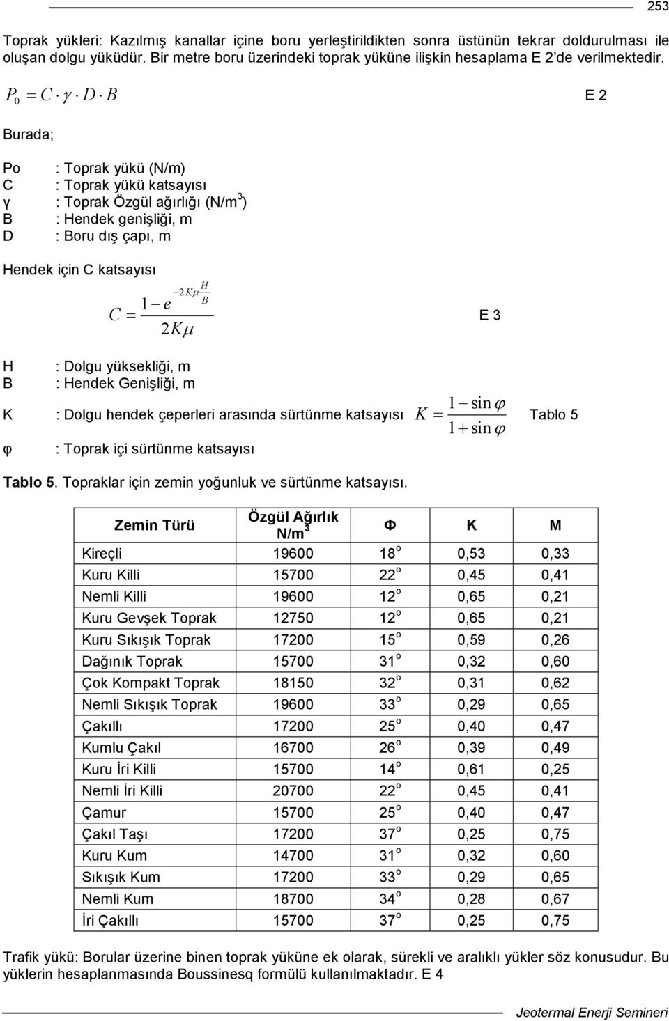 P = C γ D B 0 E 2 Burada; Po : Toprak yükü (N/m) C : Toprak yükü katsayısı γ : Toprak Özgül ağırlığı (N/m 3 ) B : Hendek genişliği, m D : Boru dış çapı, m Hendek için C katsayısı C H 2Kµ B 1 e 2Kµ =