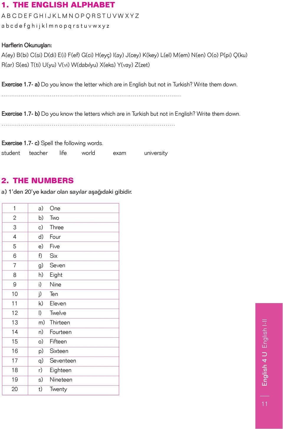 Write them down. Exercise 1.7- b) Do you know the letters which are in Turkish but not in English? Write them down. Exercise 1.7- c) Spell the following words.