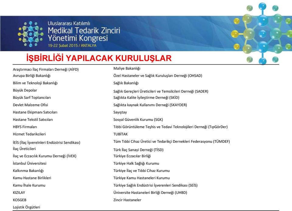 Üniversitesi Kalkınma Bakanlığı Kamu Hastane Birlikleri Kamu İhale Kurumu KIZILAY KOSGEB Lojistik Örgütleri Maliye Bakanlığı Özel Hastaneler ve Sağlık Kuruluşları Derneği (OHSAD) Sağlık Bakanlığı