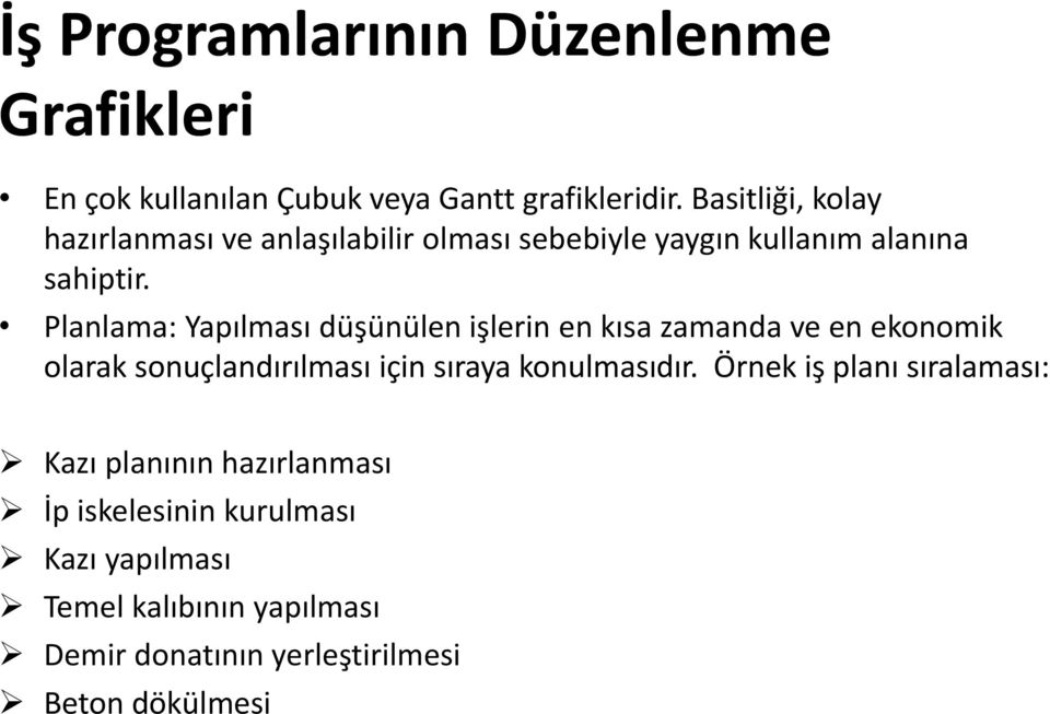 Planlama: Yapılması düşünülen işlerin en kısa zamanda ve en ekonomik olarak sonuçlandırılması için sıraya konulmasıdır.