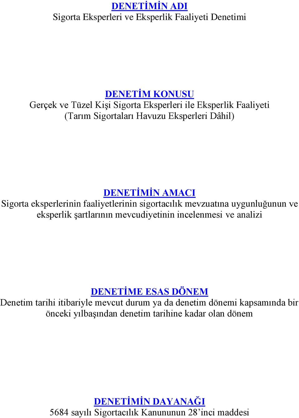 uygunluğunun ve eksperlik şartlarının mevcudiyetinin incelenmesi ve analizi DENETİME ESAS DÖNEM Denetim tarihi itibariyle mevcut durum ya