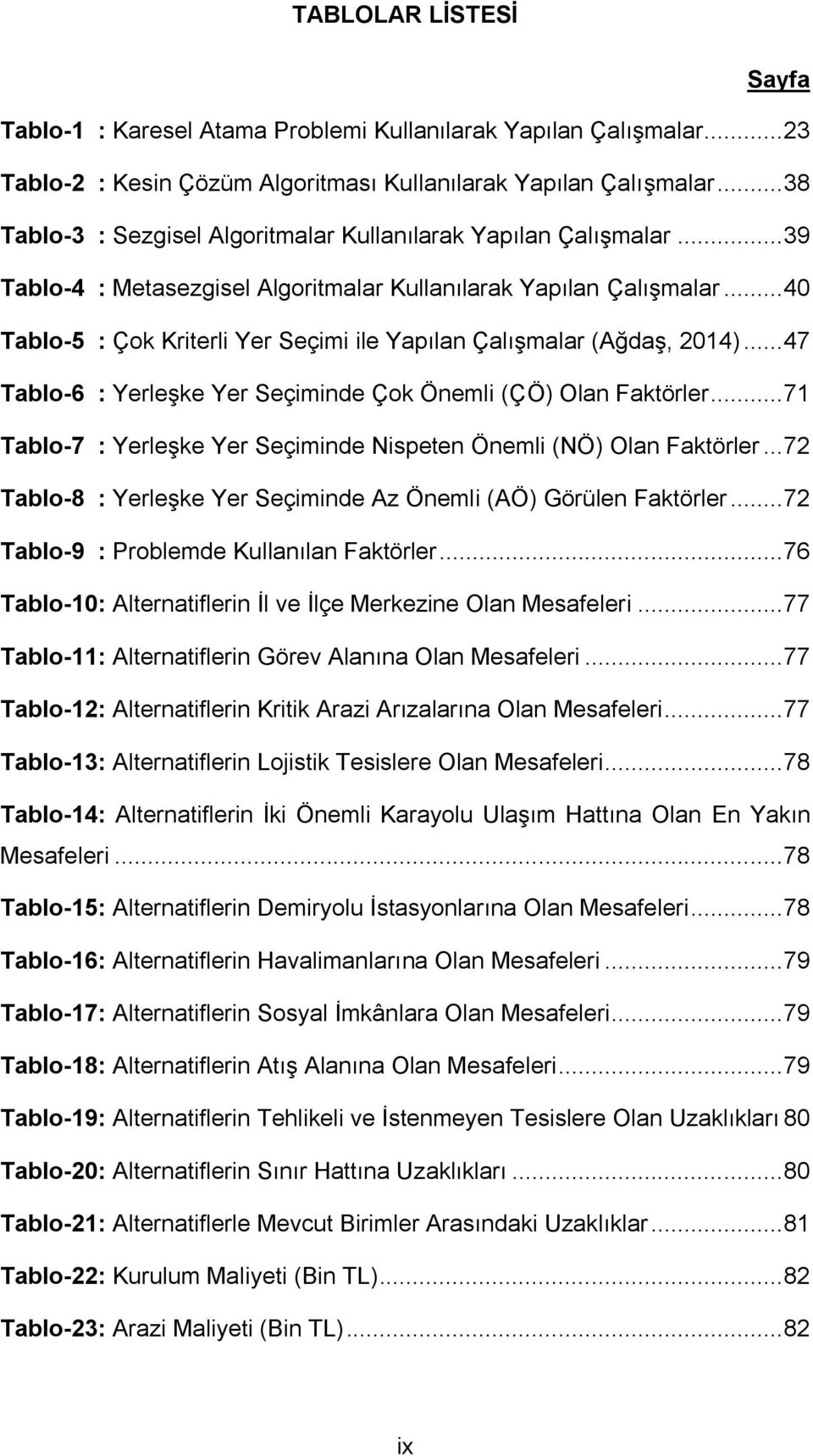 .. 40 Tablo-5 : Çok Kriterli Yer Seçimi ile Yapılan Çalışmalar (Ağdaş, 2014)... 47 Tablo-6 : Yerleşke Yer Seçiminde Çok Önemli (ÇÖ) Olan Faktörler.