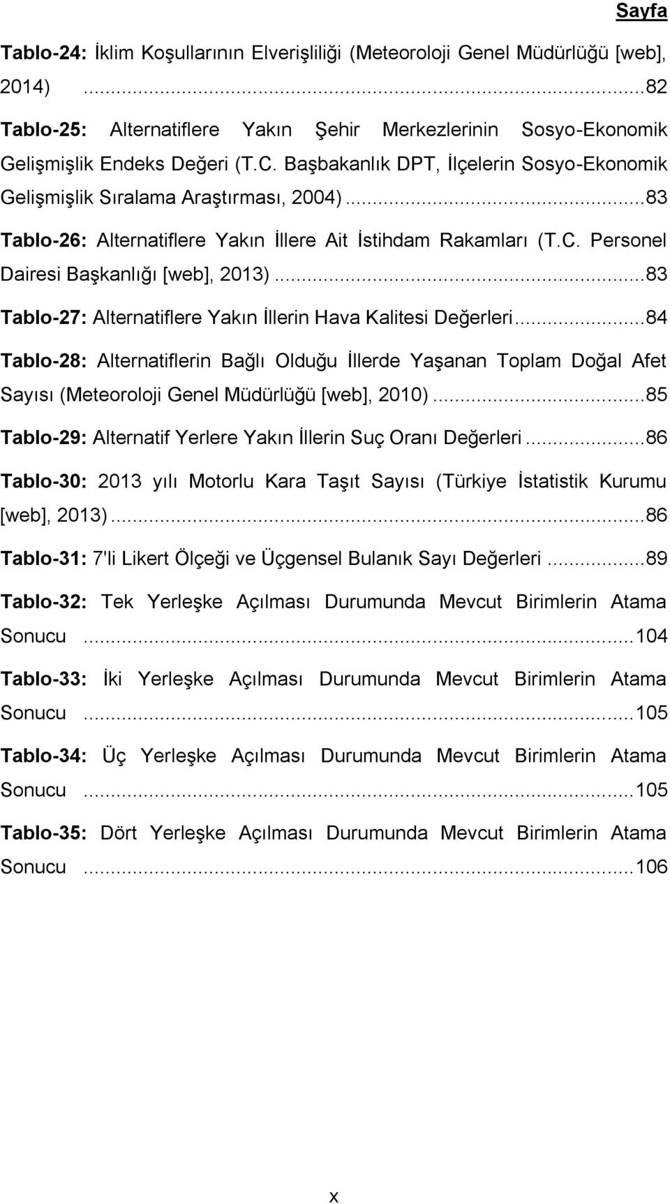 .. 83 Tablo-27 : Alternatiflere Yakın İllerin Hava Kalitesi Değerleri... 84 Tablo-28 : Alternatiflerin Bağlı Olduğu İllerde Yaşanan Toplam Doğal Afet Sayısı (Meteoroloji Genel Müdürlüğü [web], 2010).