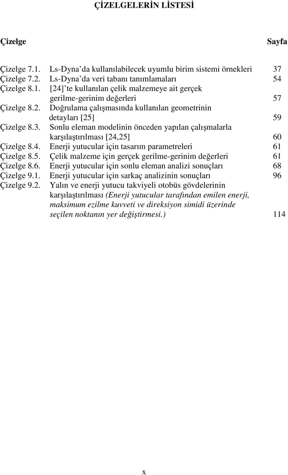 25] 60 Çizelge 8.4. Enerji yutucular için tasarım parametreleri 61 Çizelge 8.5. Çelik malzeme için gerçek gerilme-gerinim değerleri 61 Çizelge 8.6. Enerji yutucular için sonlu eleman analizi sonuçları 68 Çizelge 9.