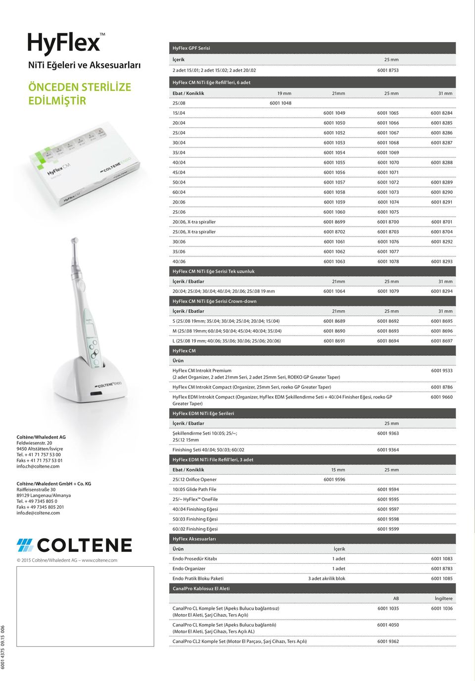 com 2015 Coltène/Whaledent AG www.coltene.com İçerik 25 mm 2 adet 15/.01; 2 adet 15/.02; 2 adet 20/.02 6001 8753 NiTi Eğe Refill'leri, 6 adet Ebat / Koniklik 19 mm 21mm 25 mm 31 mm 25/.