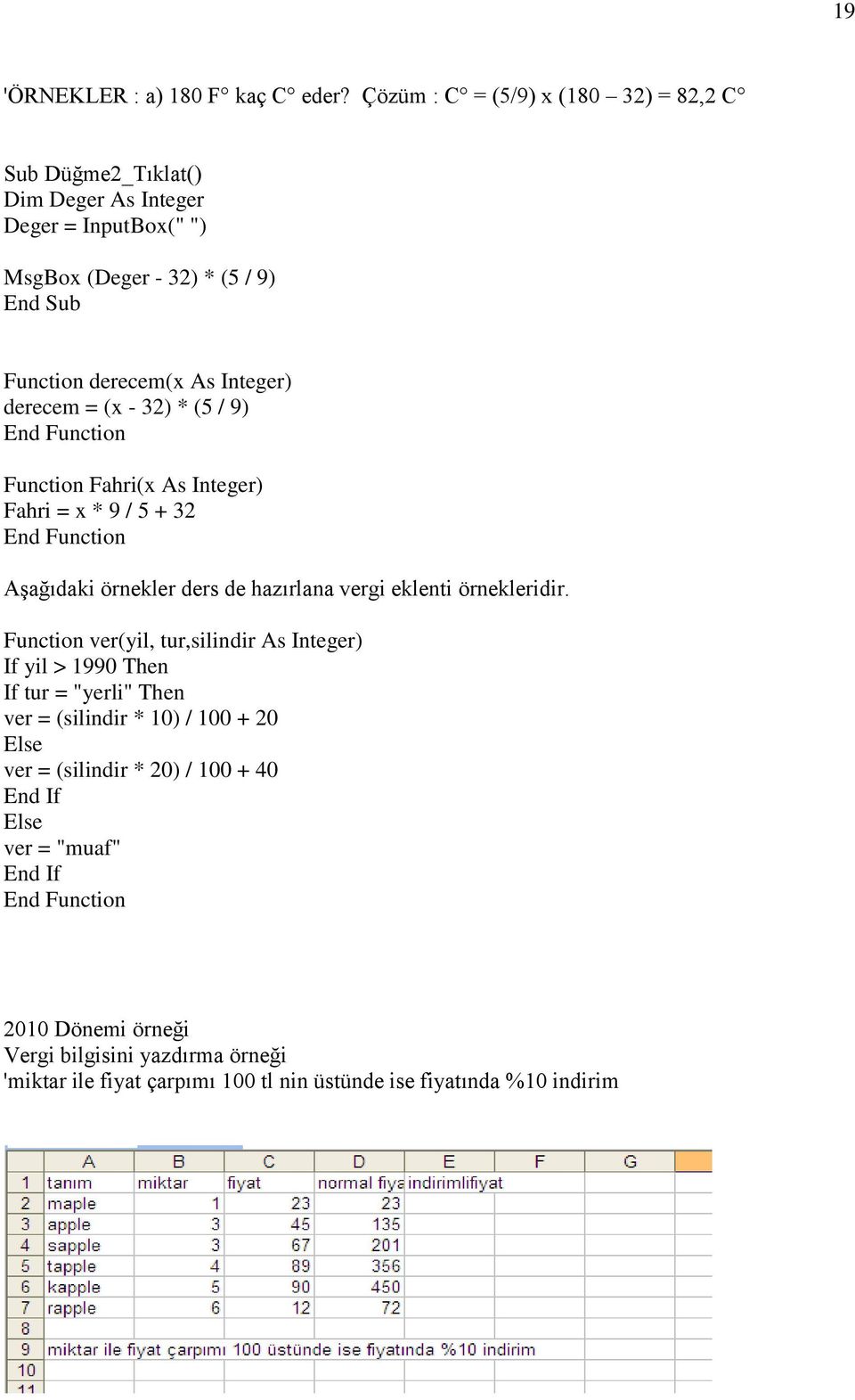 (x - 32) * (5 / 9) End Function Function Fahri(x As Integer) Fahri = x * 9 / 5 + 32 End Function Aşağıdaki örnekler ders de hazırlana vergi eklenti örnekleridir.