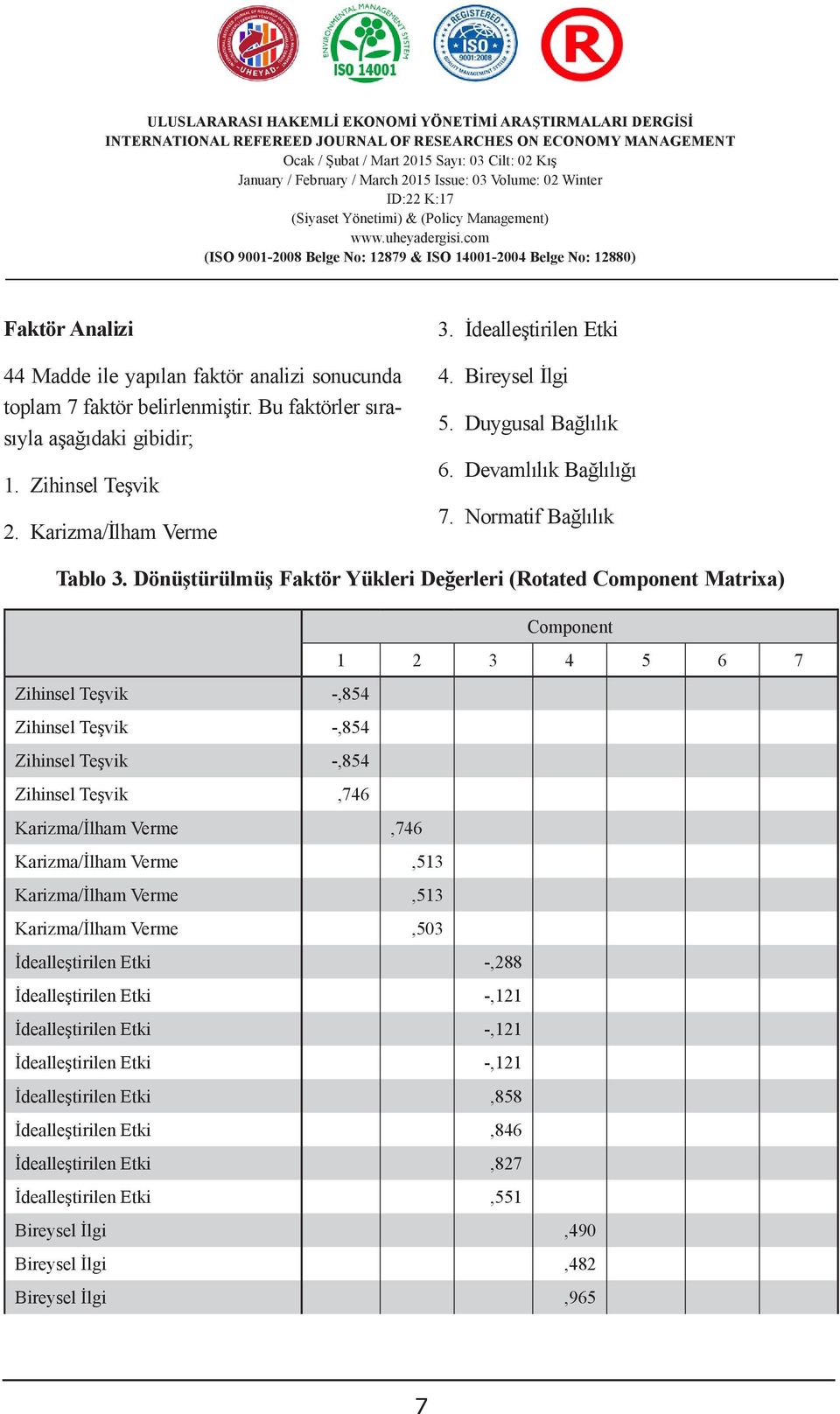 Farklı analiz teknikleri kullanılarak 7. hazırlanan Normatif çalışmada Bağlılık ANOVA modeli Tablo 3.