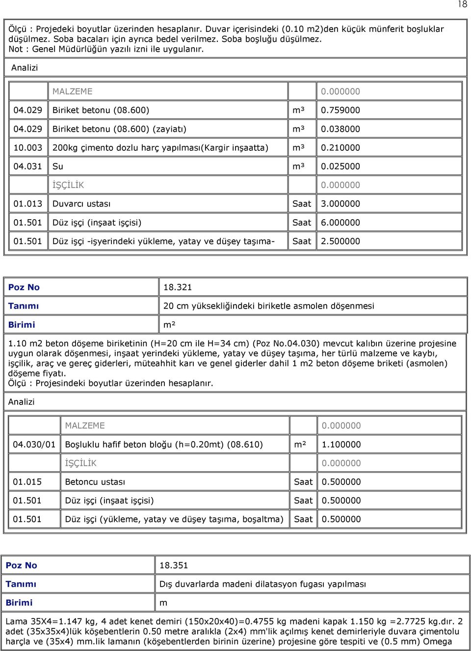 003 200kg çimento dozlu harç yapılması(kargir inşaatta) m³ 0.210000 04.031 Su m³ 0.025000 01.013 Duvarcı ustası Saat 3.000000 01.501 Düz işçi (inşaat işçisi) Saat 6.000000 01.501 Düz işçi -işyerindeki yükleme, yatay ve düşey taşıma- Saat 2.