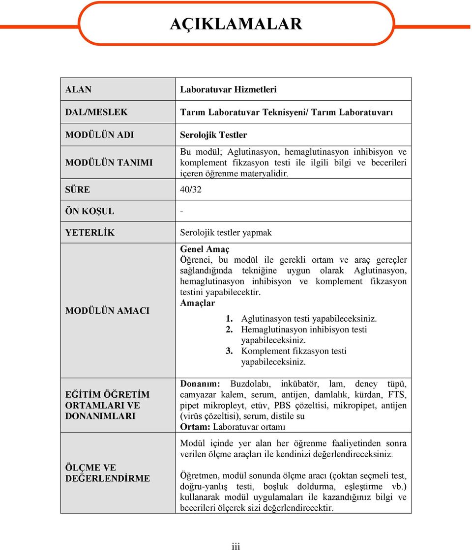 YETERLİK MODÜLÜN AMACI EĞİTİM ÖĞRETİM ORTAMLARI VE DONANIMLARI ÖLÇME VE DEĞERLENDİRME Serolojik testler yapmak Genel Amaç Öğrenci, bu modül ile gerekli ortam ve araç gereçler sağlandığında tekniğine