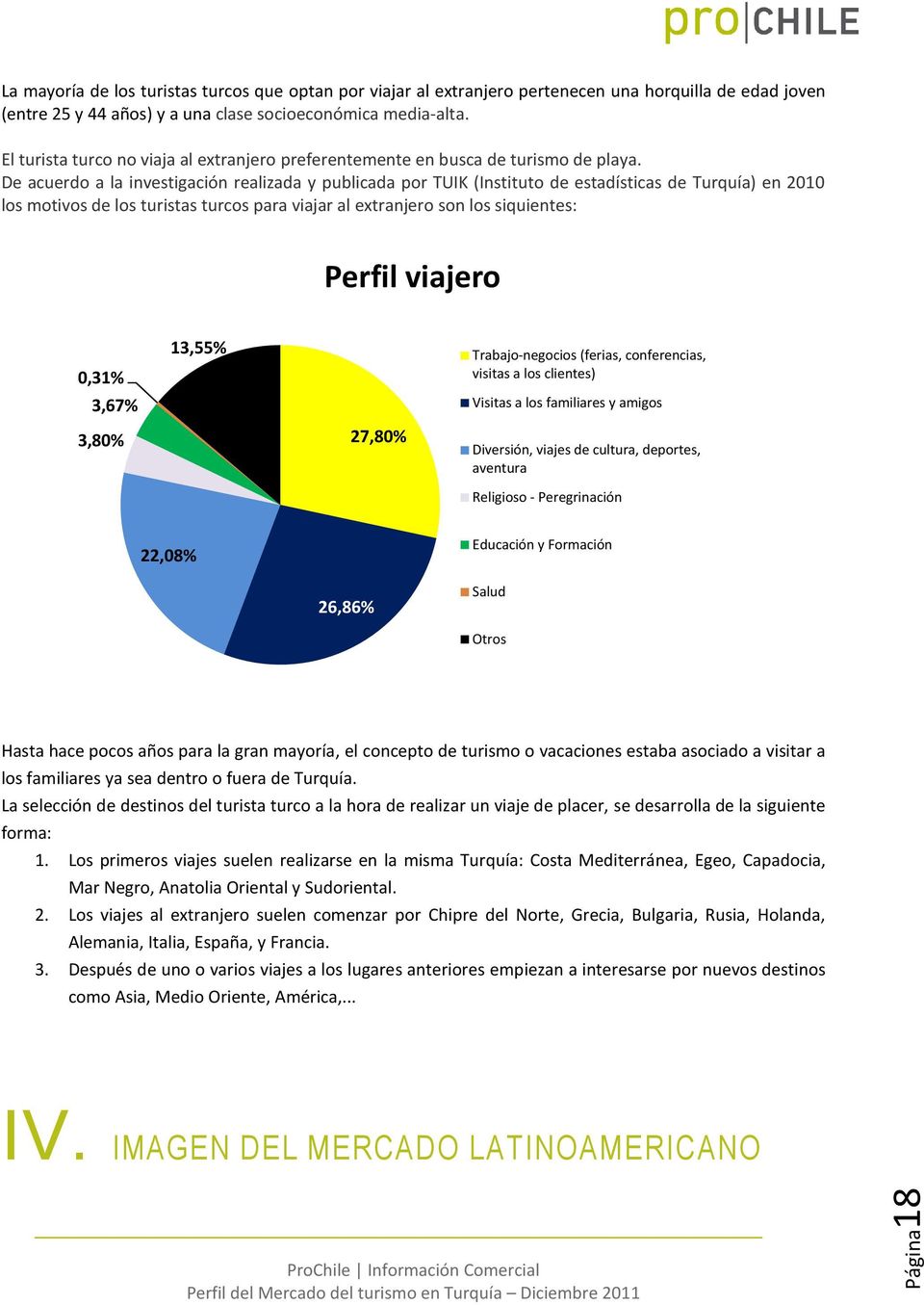 De acuerdo a la investigación realizada y publicada por TUIK (Instituto de estadísticas de Turquía) en 2010 los motivos de los turistas turcos para viajar al extranjero son los siquientes: Perfil