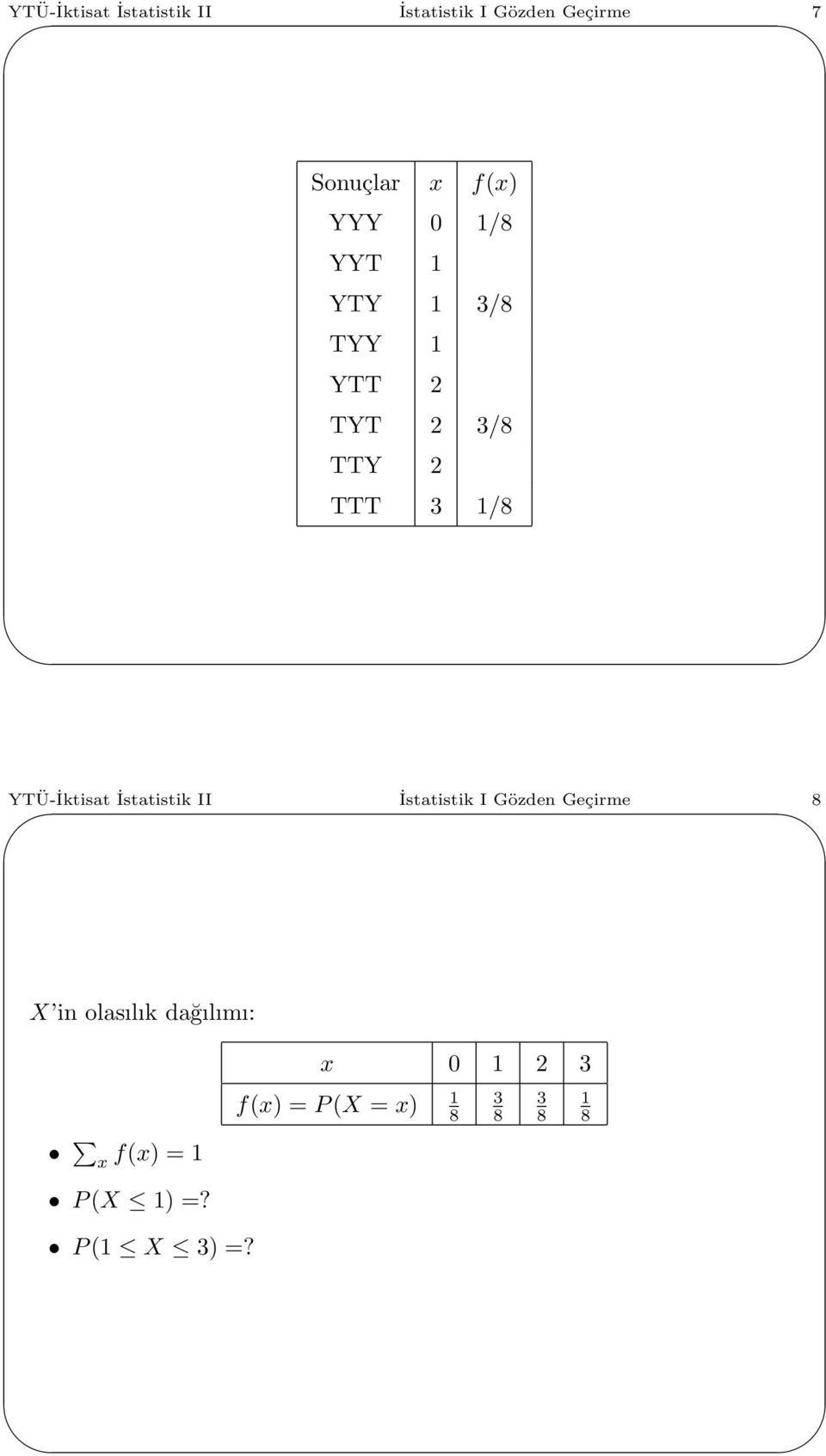 YTÜ-İktisat İstatistik II İstatistik I Gözden Geçirme 8 X in