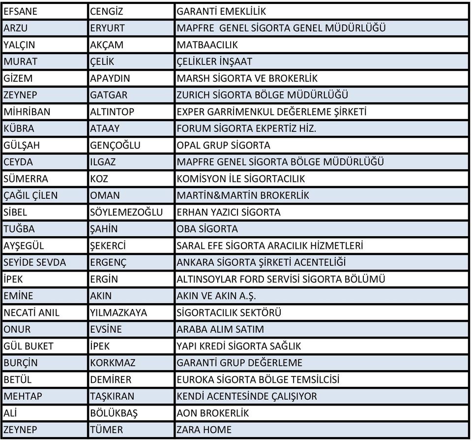 GÜLŞAH GENÇOĞLU OPAL GRUP SİGORTA CEYDA ILGAZ MAPFRE GENEL SİGORTA BÖLGE MÜDÜRLÜĞÜ SÜMERRA KOZ KOMİSYON İLE SİGORTACILIK ÇAĞIL ÇİLEN OMAN MARTİN&MARTİN BROKERLİK SİBEL SÖYLEMEZOĞLU ERHAN YAZICI