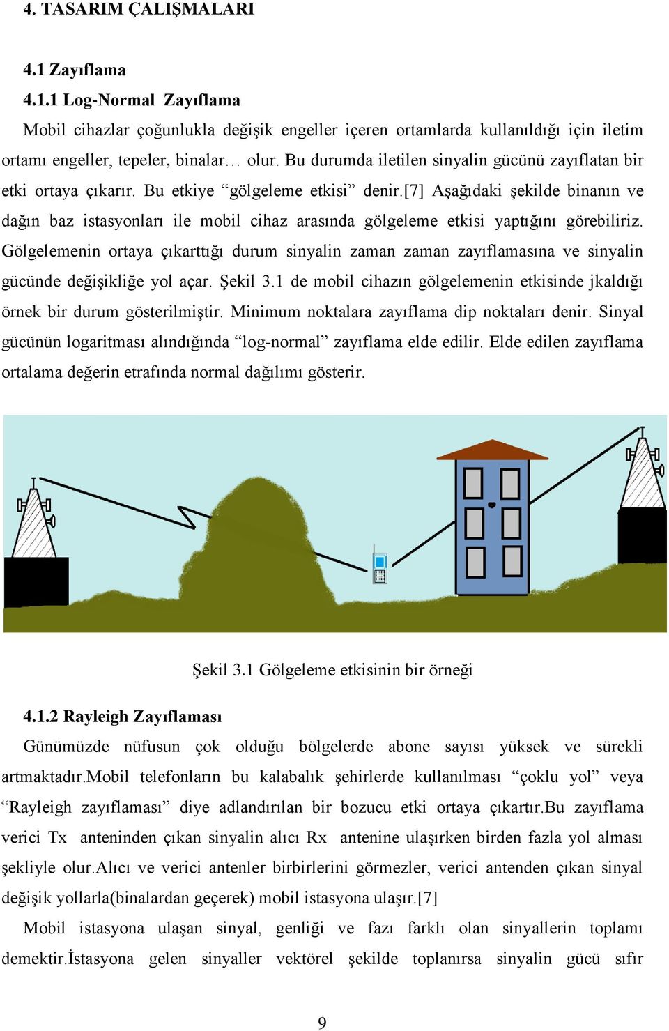 [7] Aşağıdaki şekilde binanın ve dağın baz istasyonları ile mobil cihaz arasında gölgeleme etkisi yaptığını görebiliriz.