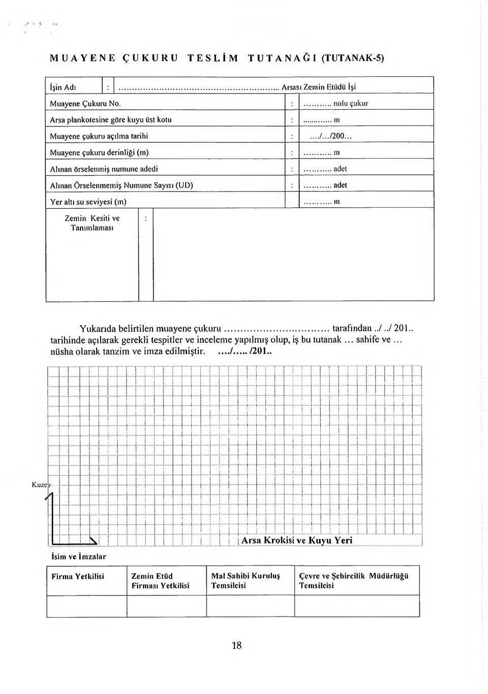 ..111 Zemin Kesiti ve Tanımlaması Yukarıda belirtilen muayene çu k u ru... tarafından../../ 201.. tarihinde açılarak gerekli tespitler ve inceleme yapılmış olup, iş bu tutanak.