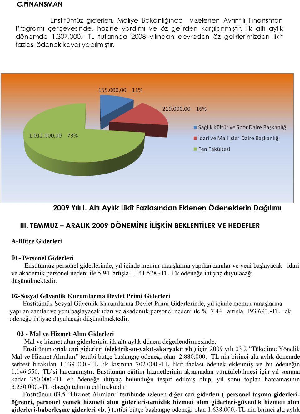 TEMMUZ ARALIK 2009 DÖNEMİNE İLİŞKİN BEKLENTİLER VE HEDEFLER A-Bütçe Giderleri 01- Personel Giderleri Enstitümüz personel giderlerinde, yıl içinde memur maaşlarına yapılan zamlar ve yeni başlayacak