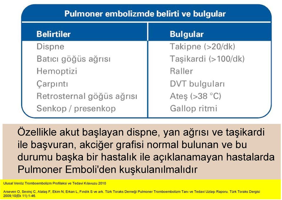 Tromboembolizm Profilaksi ve Tedavi Kılavuzu 2010 Arseven O, Sevinç C, Alataş F, Ekim N, Erkan L, Fındık S ve