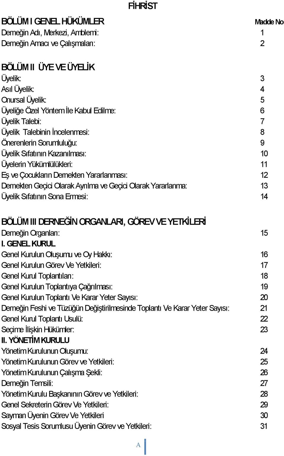 Dernekten Geçici Olarak Ayrılma ve Geçici Olarak Yararlanma: 13 Üyelik Sıfatının Sona Ermesi: 14 BÖLÜM III DERNEĞİN ORGANLARI, GÖREV VE YETKİLERİ Derneğin Organları: 15 I.