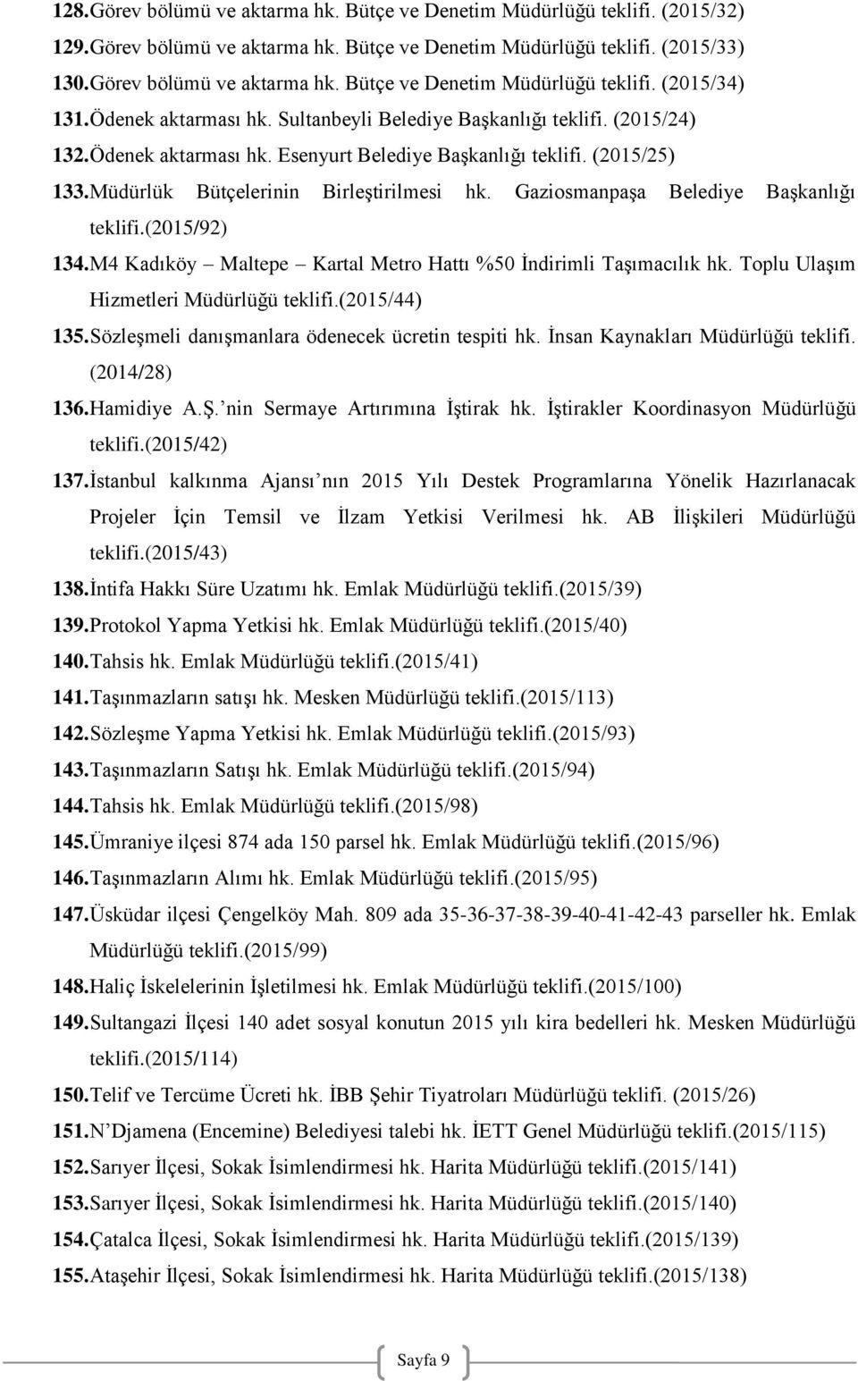 Gaziosmanpaşa Belediye Başkanlığı teklifi.(2015/92) 134. M4 Kadıköy Maltepe Kartal Metro Hattı %50 İndirimli Taşımacılık hk. Toplu Ulaşım Hizmetleri Müdürlüğü teklifi.(2015/44) 135.