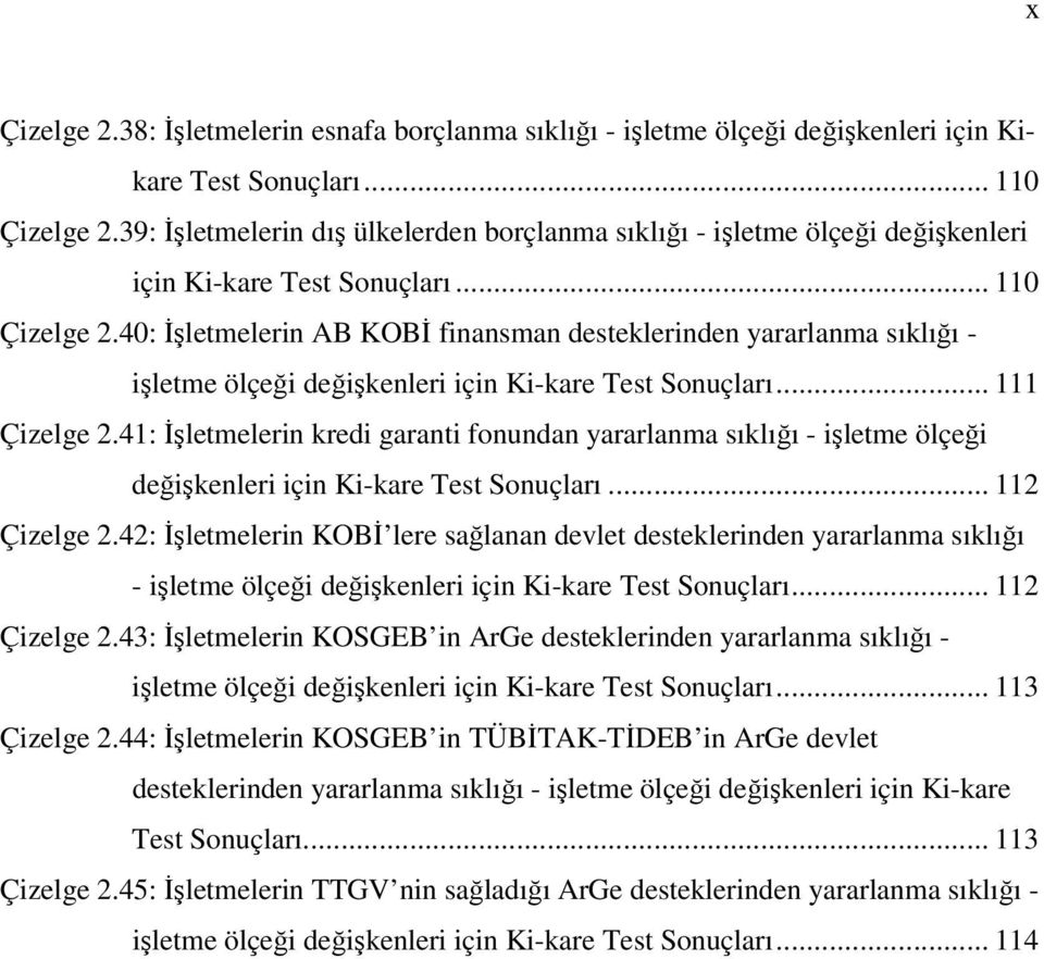 40: İşletmelerin AB KOBİ finansman desteklerinden yararlanma sıklığı - işletme ölçeği değişkenleri için Ki-kare Test Sonuçları... 111 Çizelge 2.