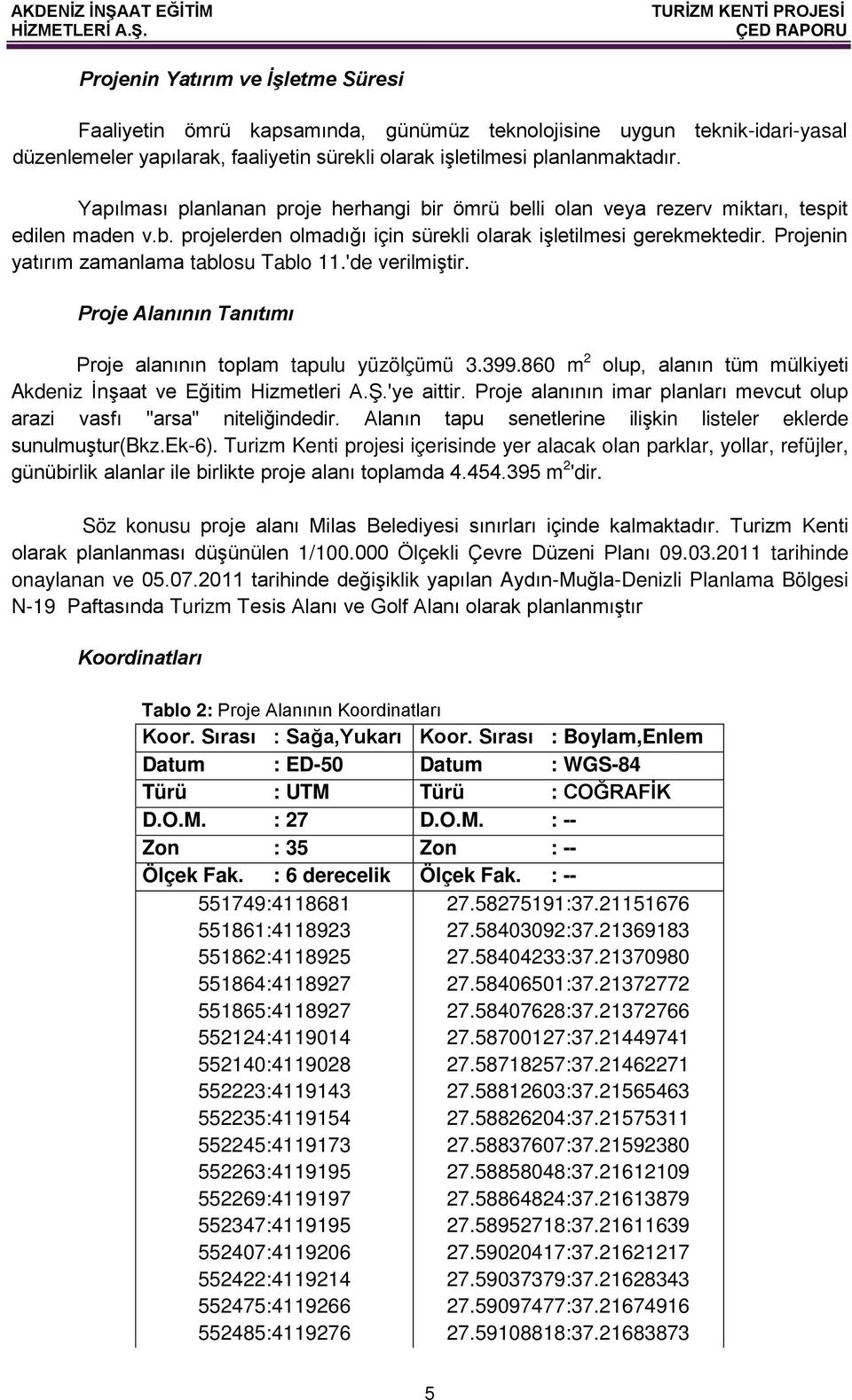 Projenin yatırım zamanlama tablosu Tablo 11.'de verilmiştir. Proje Alanının Tanıtımı Proje alanının toplam tapulu yüzölçümü 3.399.