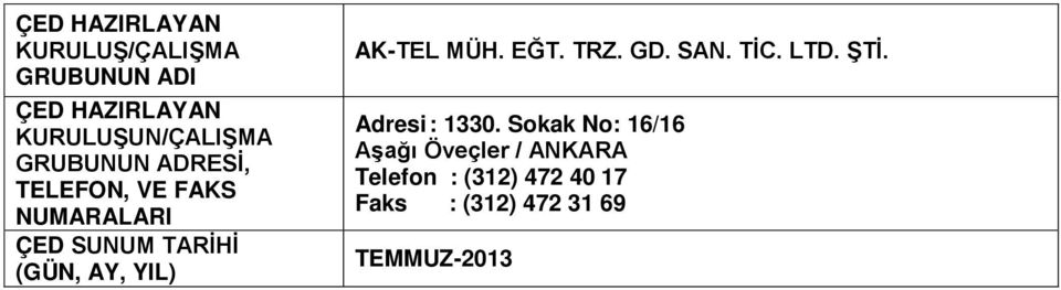 AK-TEL MÜH. EĞT. TRZ. GD. SAN. TİC. LTD. ŞTİ. Adresi : 1330.