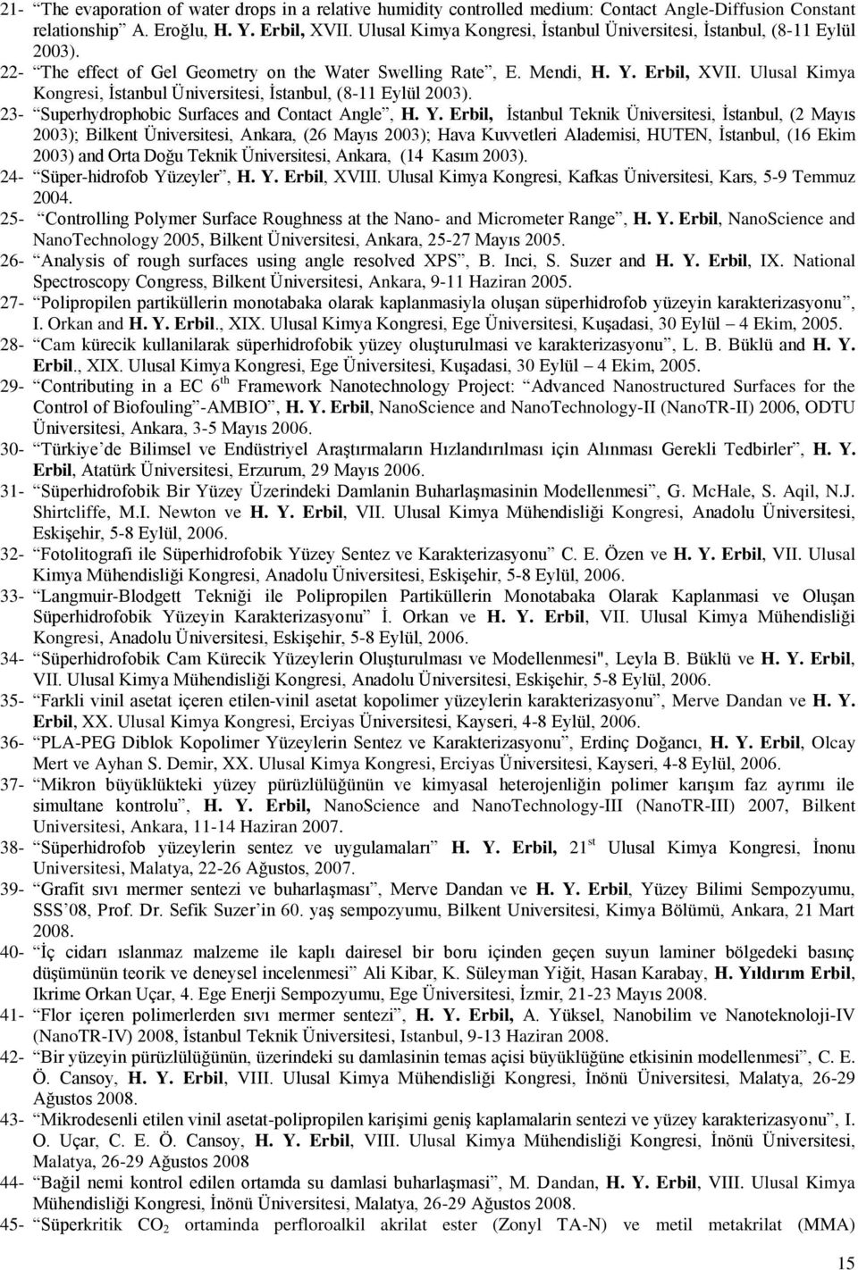 Ulusal Kimya Kongresi, İstanbul Üniversitesi, İstanbul, (8-11 Eylül 2003). 23- Superhydrophobic Surfaces and Contact Angle, H. Y.