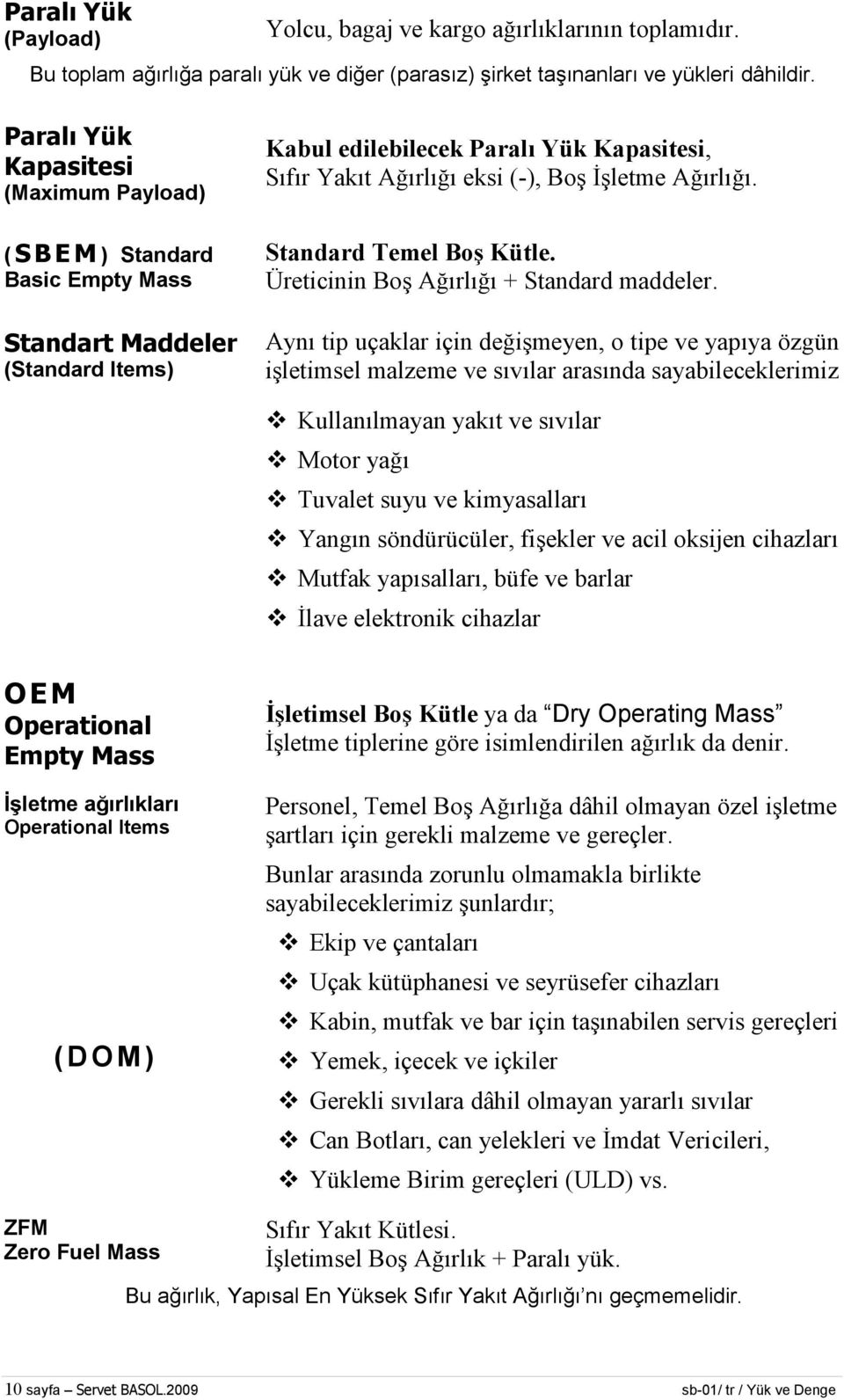 Üreticinin Boş Ağırlığı + Standard maddeler.