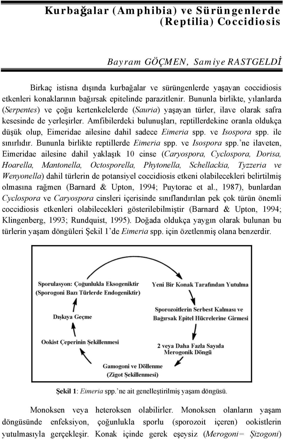 Amfibilerdeki bulunuşları, reptillerdekine oranla oldukça düşük olup, Eimeridae ailesine dahil sadece Eimeria spp. ve Isospora spp. ile sınırlıdır. Bununla birlikte reptillerde Eimeria spp.