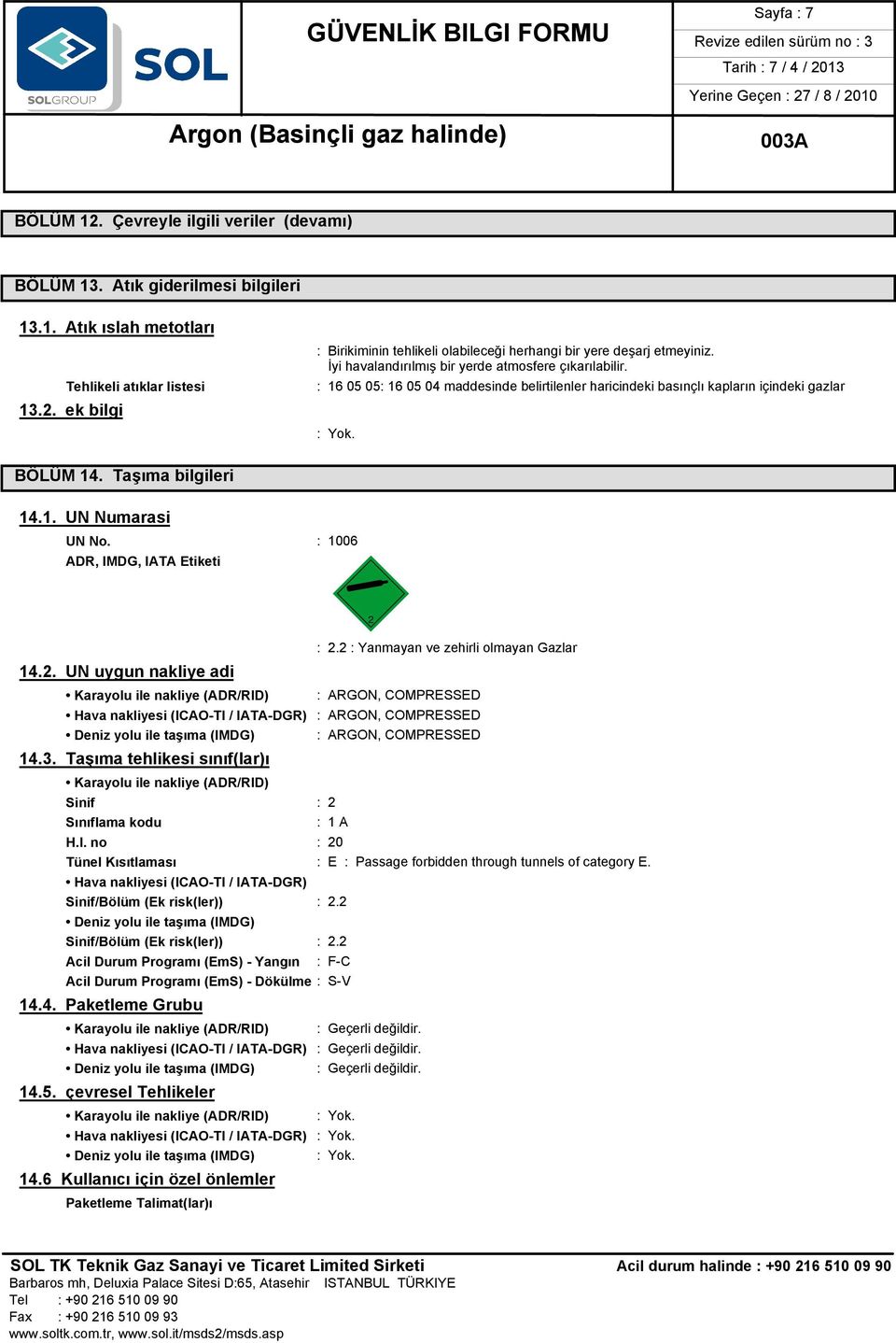 : 1006 ADR, IMDG, IATA Etiketi 14.2. UN uygun nakliye adi Karayolu ile nakliye (ADR/RID) ón : 2.