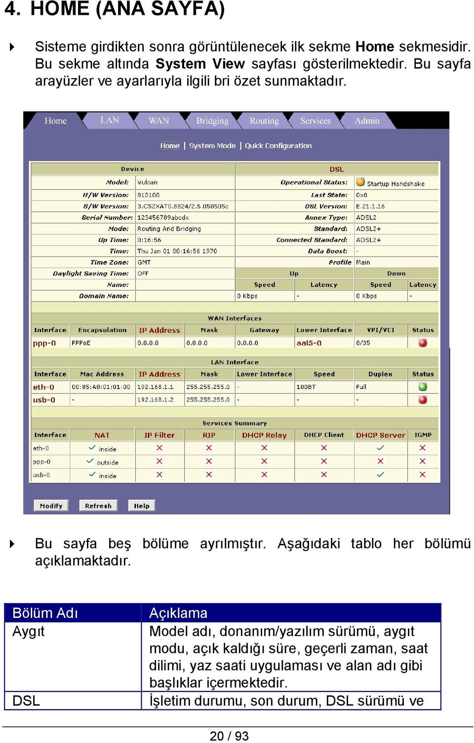 Bu sayfa beş bölüme ayrılmıştır. Aşağıdaki tablo her bölümü açıklamaktadır.