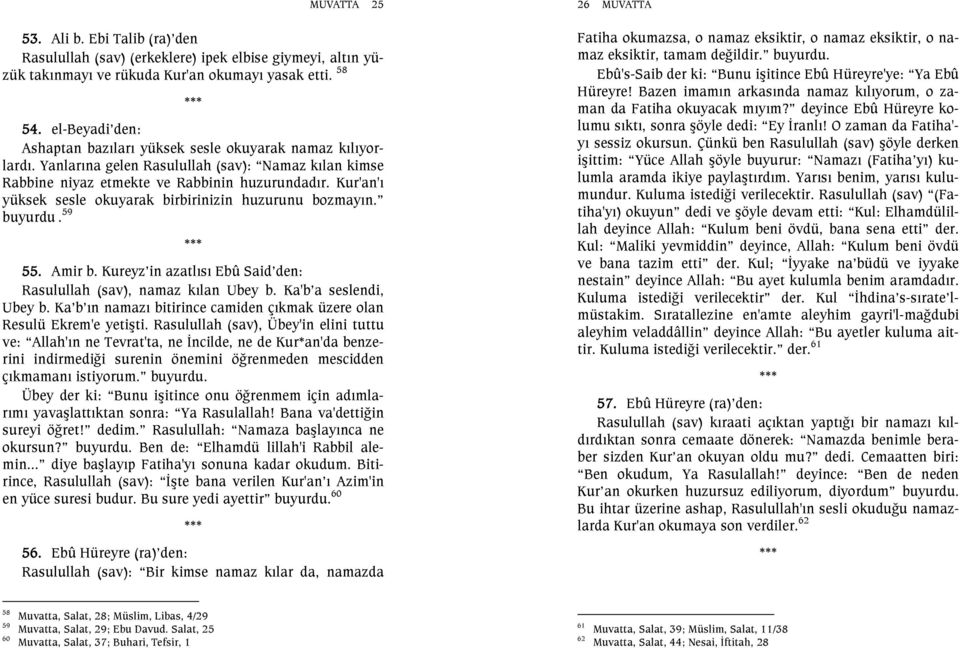 Kur'an'ı yüksek sesle okuyarak birbirinizin huzurunu bozmayın. buyurdu. 59 55. Amir b. Kureyz in azatlısı Ebû Said den: Rasulullah (sav), namaz kılan Ubey b. Ka'b a seslendi, Ubey b.