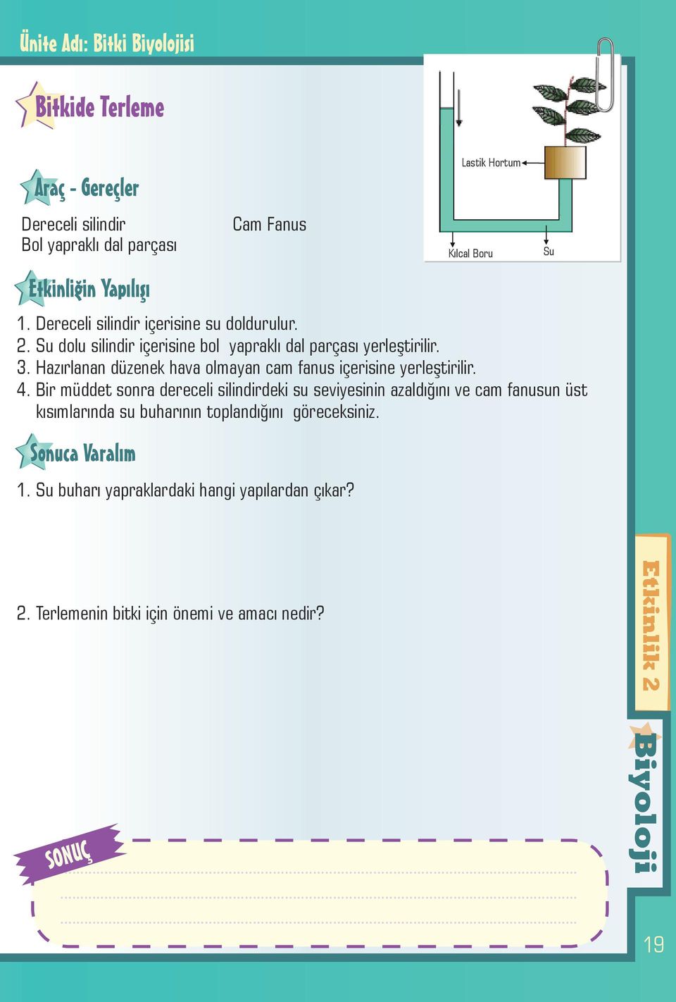 Bir müddet sonra dereceli silindirdeki su seviyesinin azaldığını ve cam fanusun üst kısımlarında su buharının toplandığını göreceksiniz. 1.