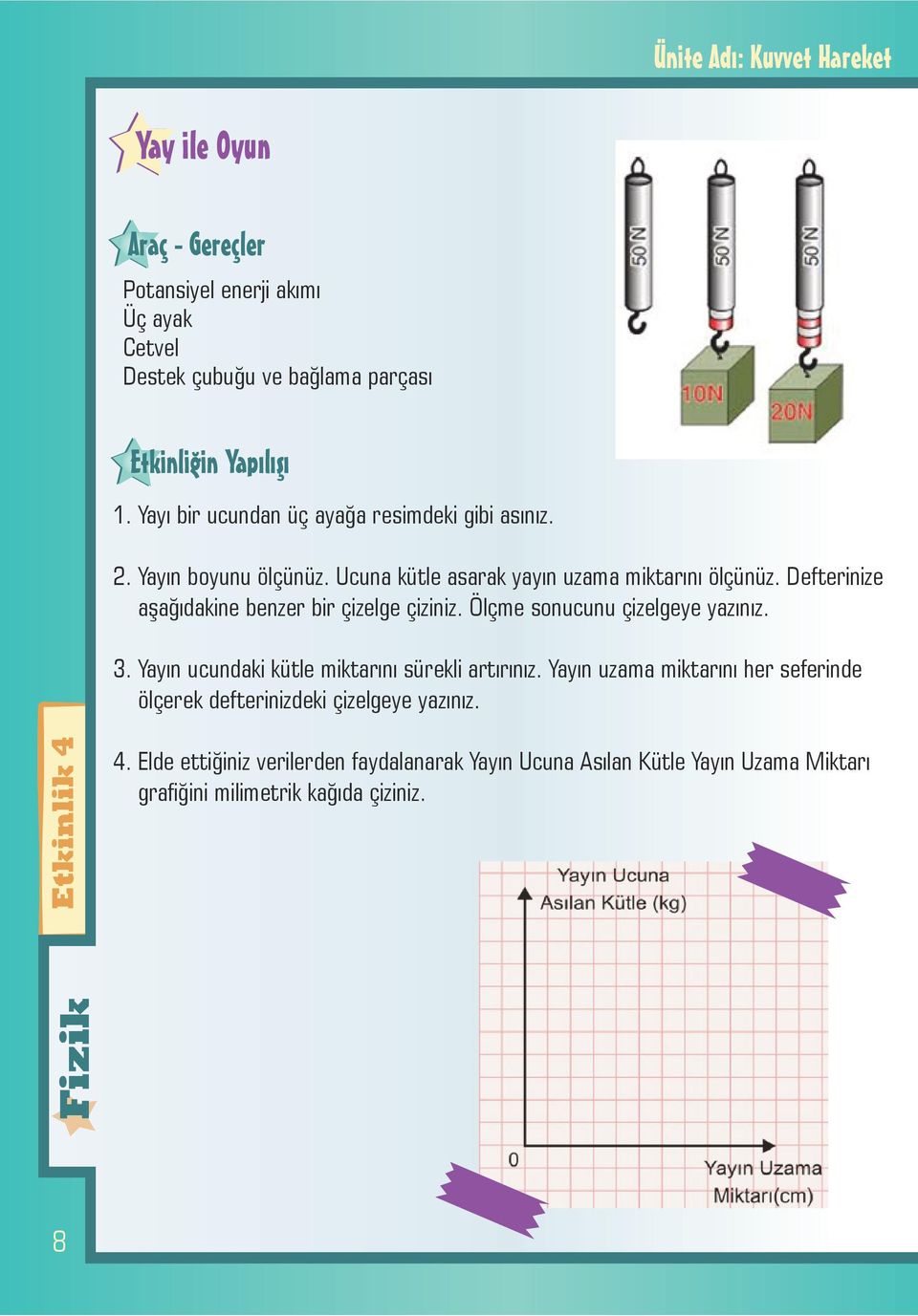 Defterinize aşağıdakine benzer bir çizelge çiziniz. Ölçme sonucunu çizelgeye yazınız. 3. Yayın ucundaki kütle miktarını sürekli artırınız.