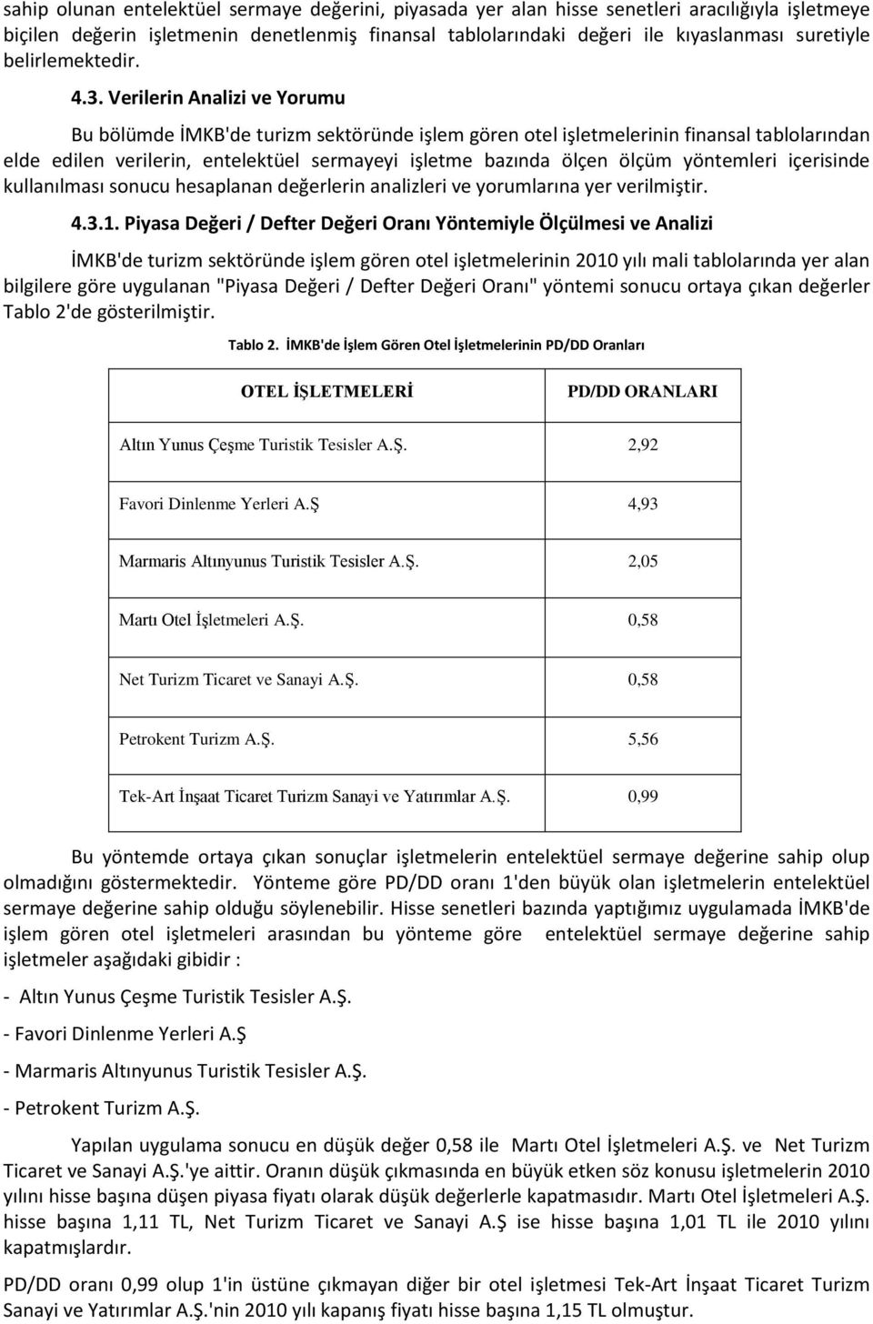 Verilerin Analizi ve Yorumu Bu bölümde İMKB'de turizm sektöründe işlem gören otel işletmelerinin finansal tablolarından elde edilen verilerin, entelektüel sermayeyi işletme bazında ölçen ölçüm