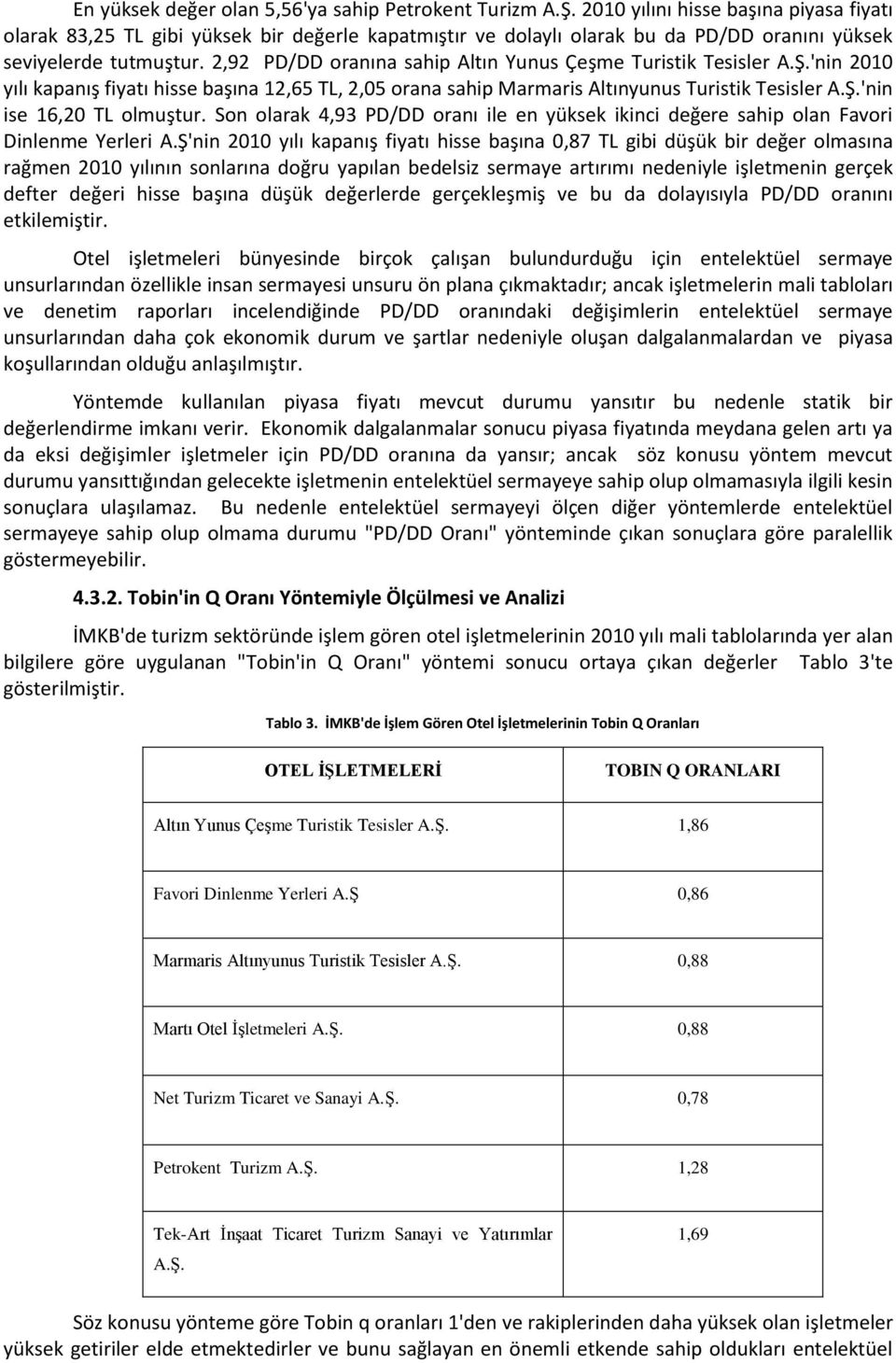 2,92 PD/DD oranına sahip Altın Yunus Çeşme Turistik Tesisler A.Ş.'nin 2010 yılı kapanış fiyatı hisse başına 12,65 TL, 2,05 orana sahip Marmaris Altınyunus Turistik Tesisler A.Ş.'nin ise 16,20 TL olmuştur.