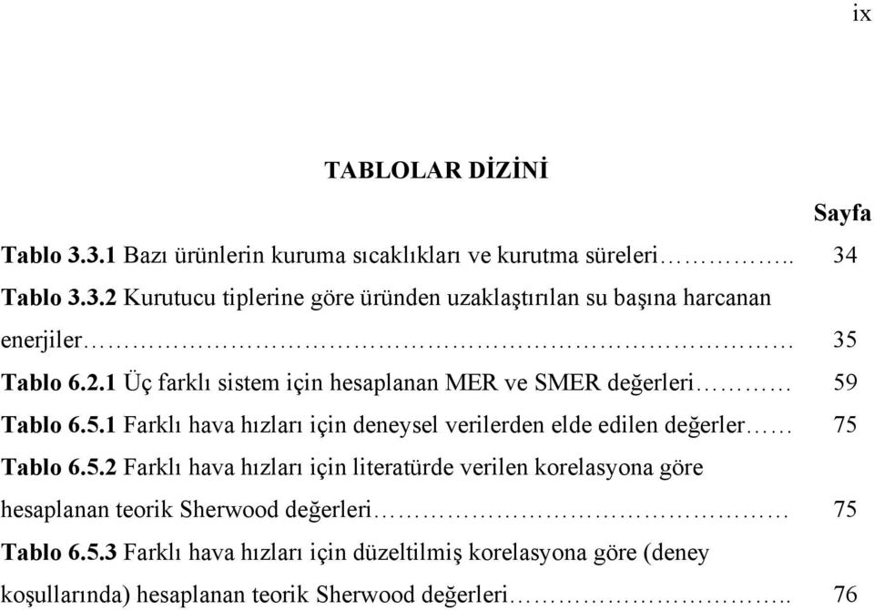 5.2 Farklı hava hızları için literatürde verilen korelasyona göre hesaplanan teorik Sherwood değerleri 75 Tablo 6.5.3 Farklı hava hızları için düzeltilmiş korelasyona göre (deney koşullarında) hesaplanan teorik Sherwood değerleri.