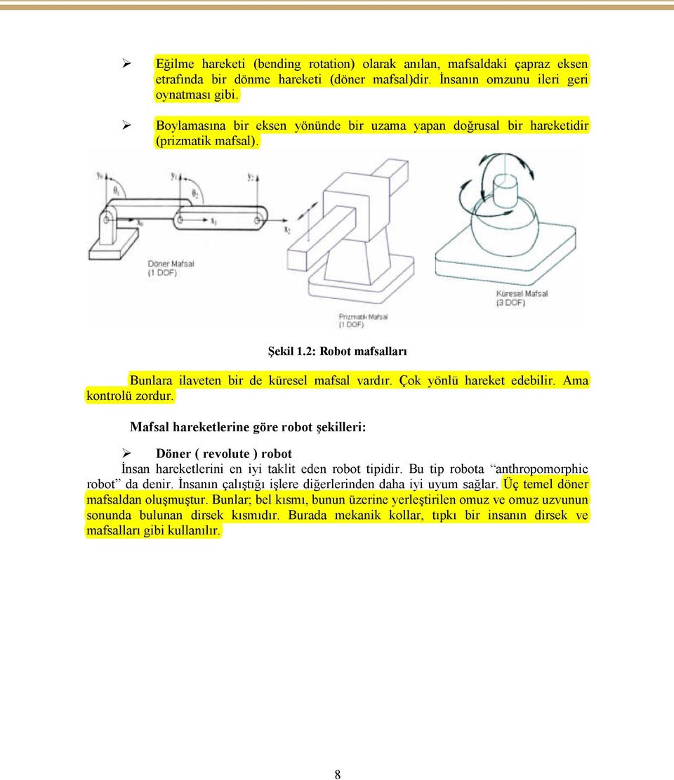 Ama kontrolü zordur. Mafsal hareketlerine göre robot şekilleri: Döner ( revolute ) robot İnsan hareketlerini en iyi taklit eden robot tipidir. Bu tip robota anthropomorphic robot da denir.