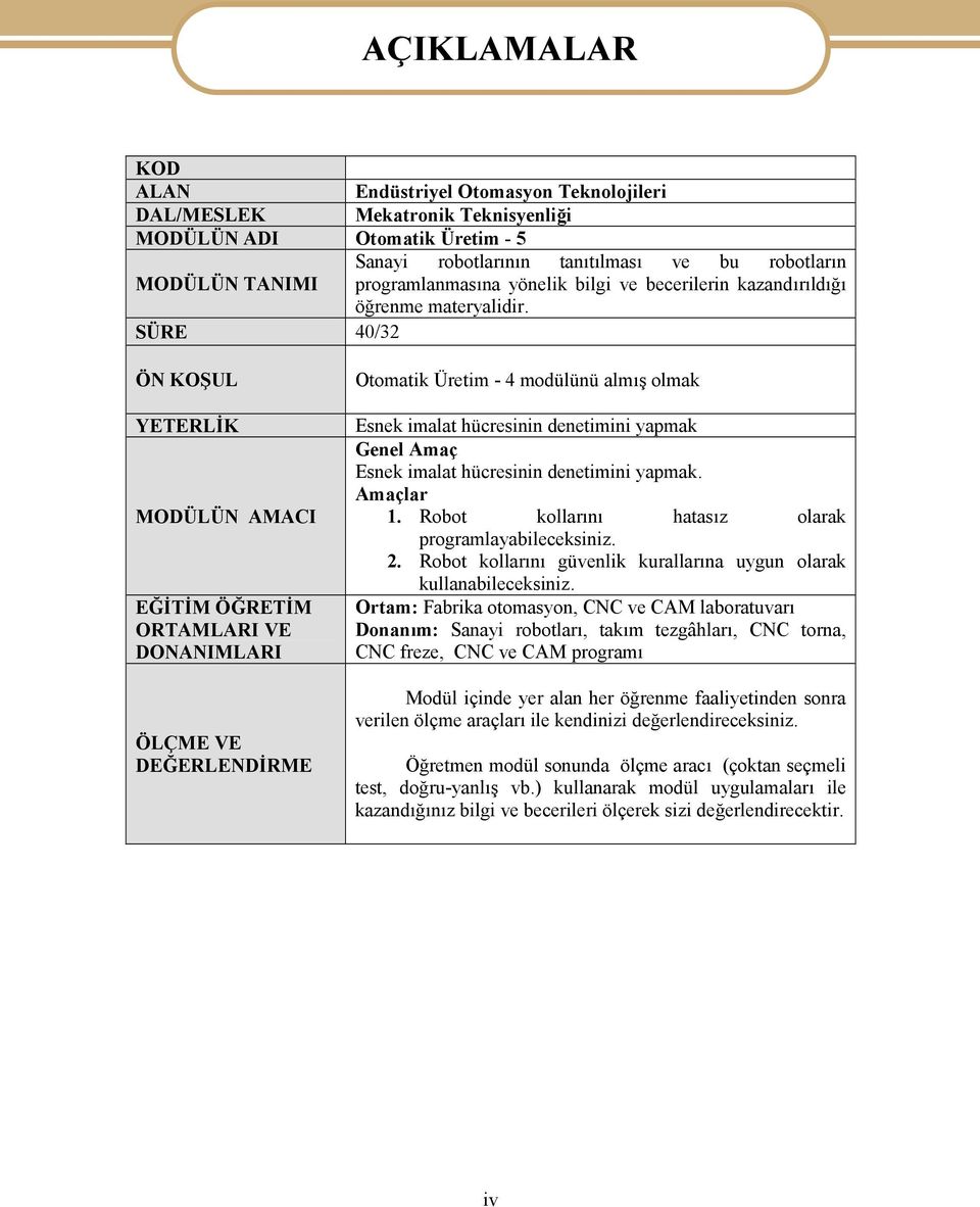 SÜRE 40/3 ÖN KOŞUL YETERLİK MODÜLÜN AMACI EĞİTİM ÖĞRETİM ORTAMLARI VE DONANIMLARI ÖLÇME VE DEĞERLENDİRME Otomatik Üretim - 4 modülünü almış olmak Esnek imalat hücresinin denetimini yapmak Genel Amaç