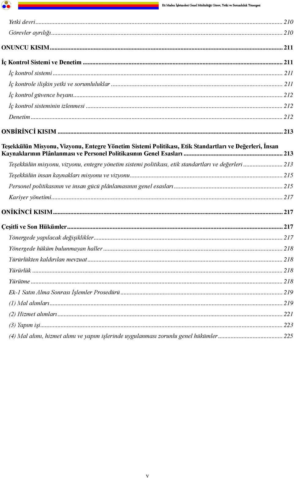 .. 213 Teşekkülün Misyonu, Vizyonu, Entegre Yönetim Sistemi Politikası, Etik Standartları ve Değerleri, İnsan Kaynaklarının Plânlanması ve Personel Politikasının Genel Esasları.