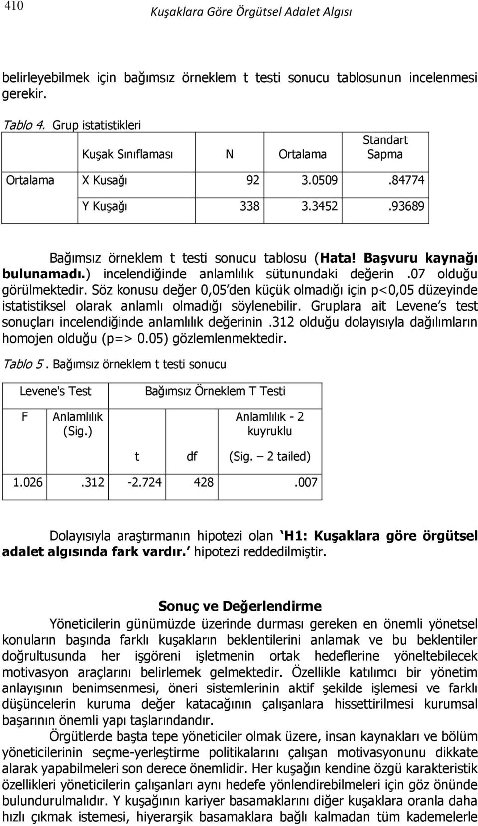 Söz konusu değer 0,05 den küçük olmadığı için p<0,05 düzeyinde istatistiksel olarak anlamlı olmadığı söylenebilir. Gruplara ait Levene s test sonuçları incelendiğinde anlamlılık değerinin.