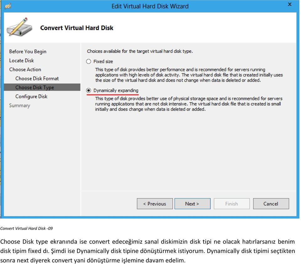 fixed dı. Şimdi ise Dynamically disk tipine dönüştürmek istiyorum.