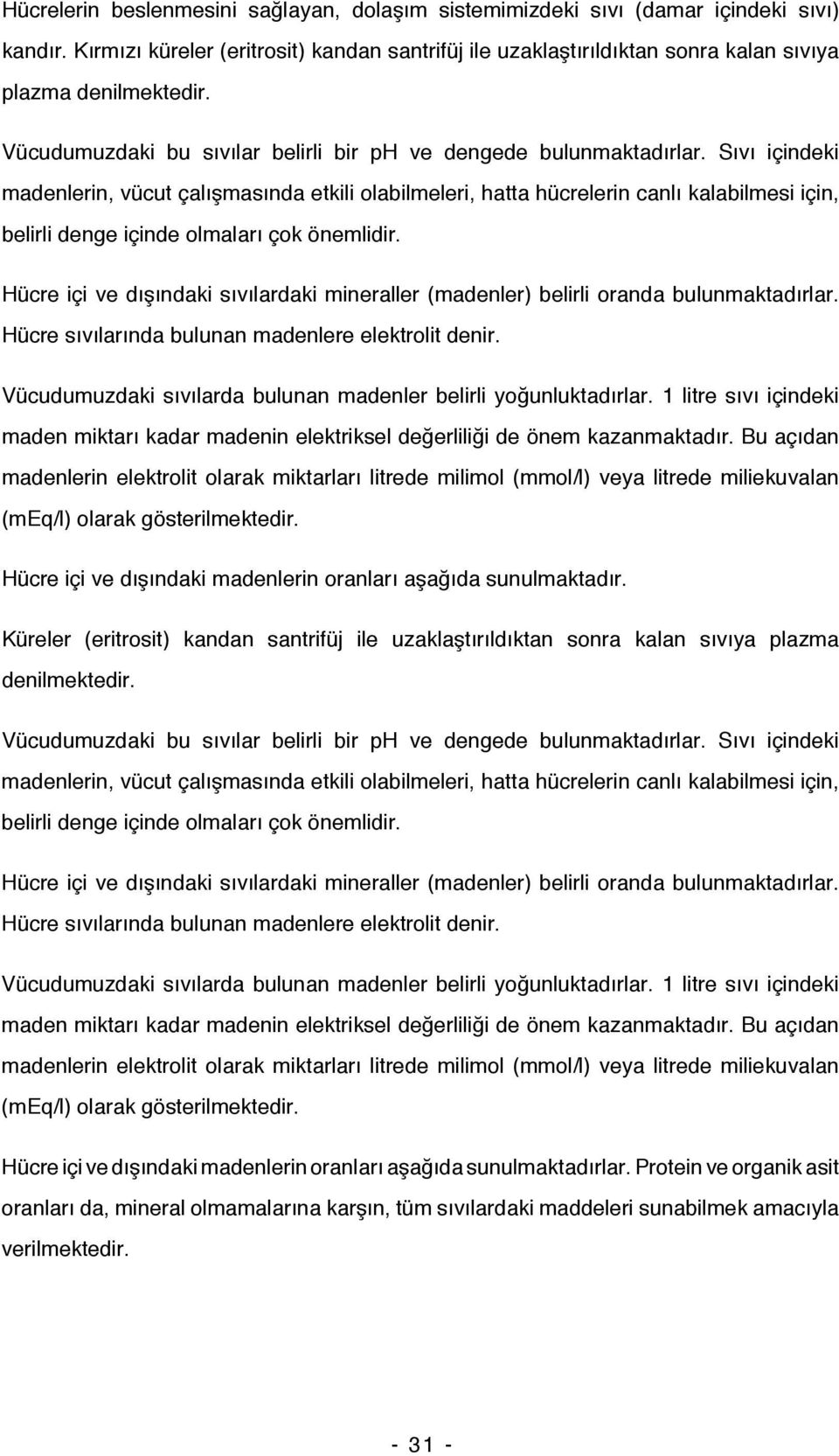 Sıvı içindeki madenlerin, vücut çalışmasında etkili olabilmeleri, hatta hücrelerin canlı kalabilmesi için, belirli denge içinde olmaları çok önemlidir.